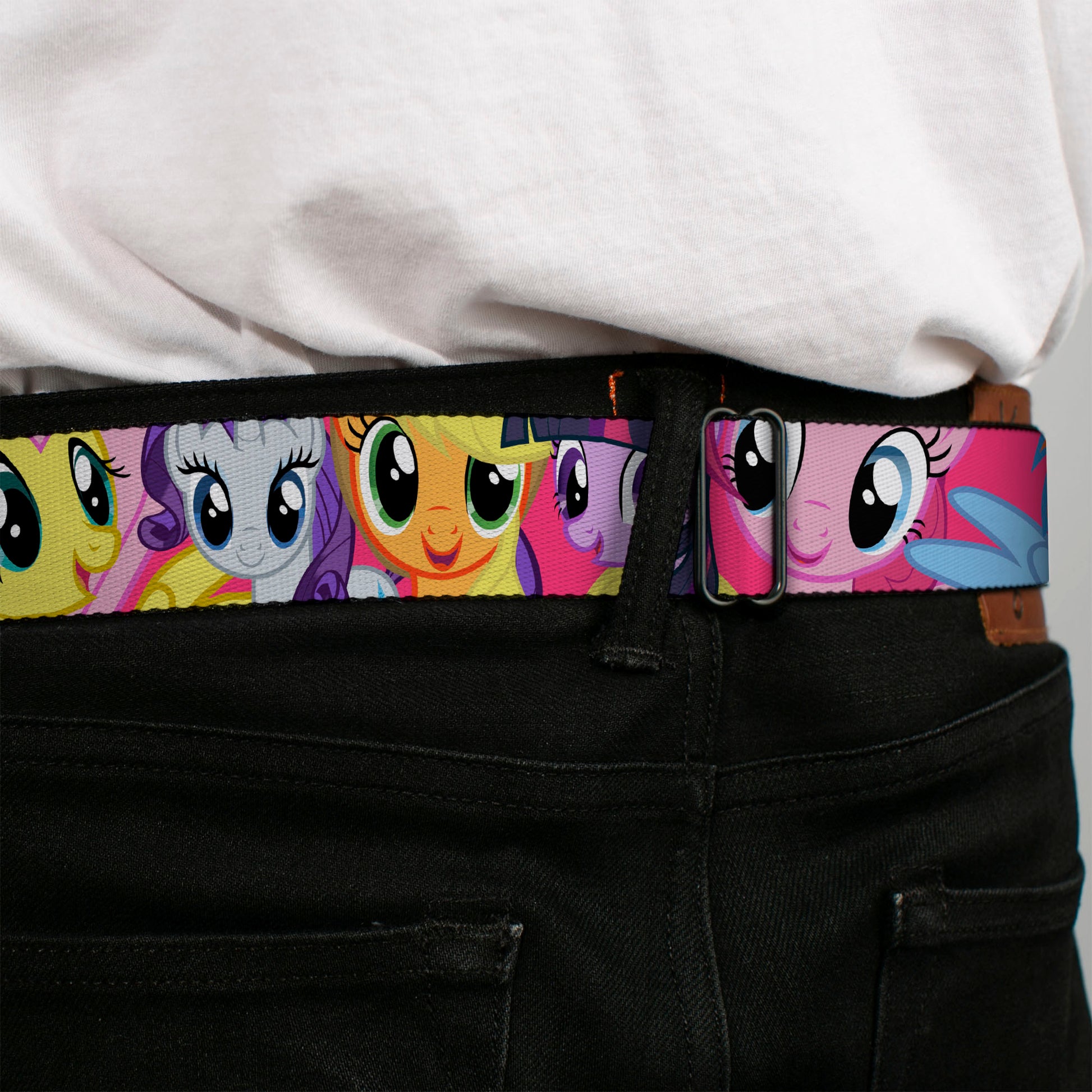 MY LITTLE PONY Title Logo Full Color Black/Purple/White Seatbelt Belt - My Little Pony Mane Six Eye Expressions Close-Up Multi Color Webbing Seatbelt Belts My Little Pony