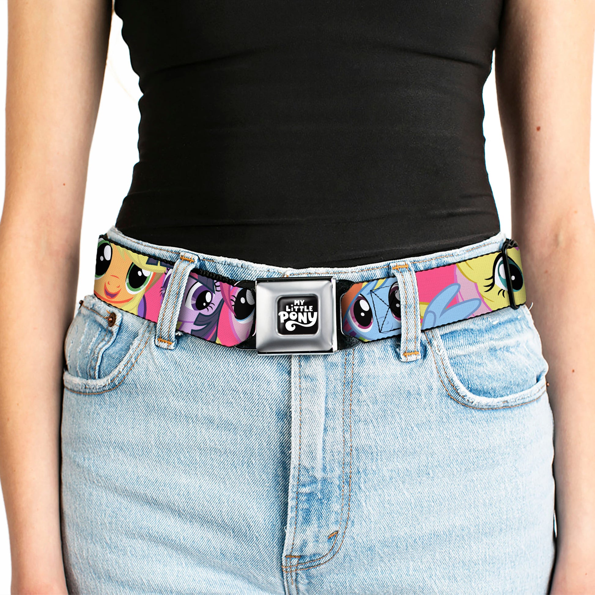 MY LITTLE PONY Title Logo Full Color Black/Purple/White Seatbelt Belt - My Little Pony Mane Six Eye Expressions Close-Up Multi Color Webbing Seatbelt Belts My Little Pony