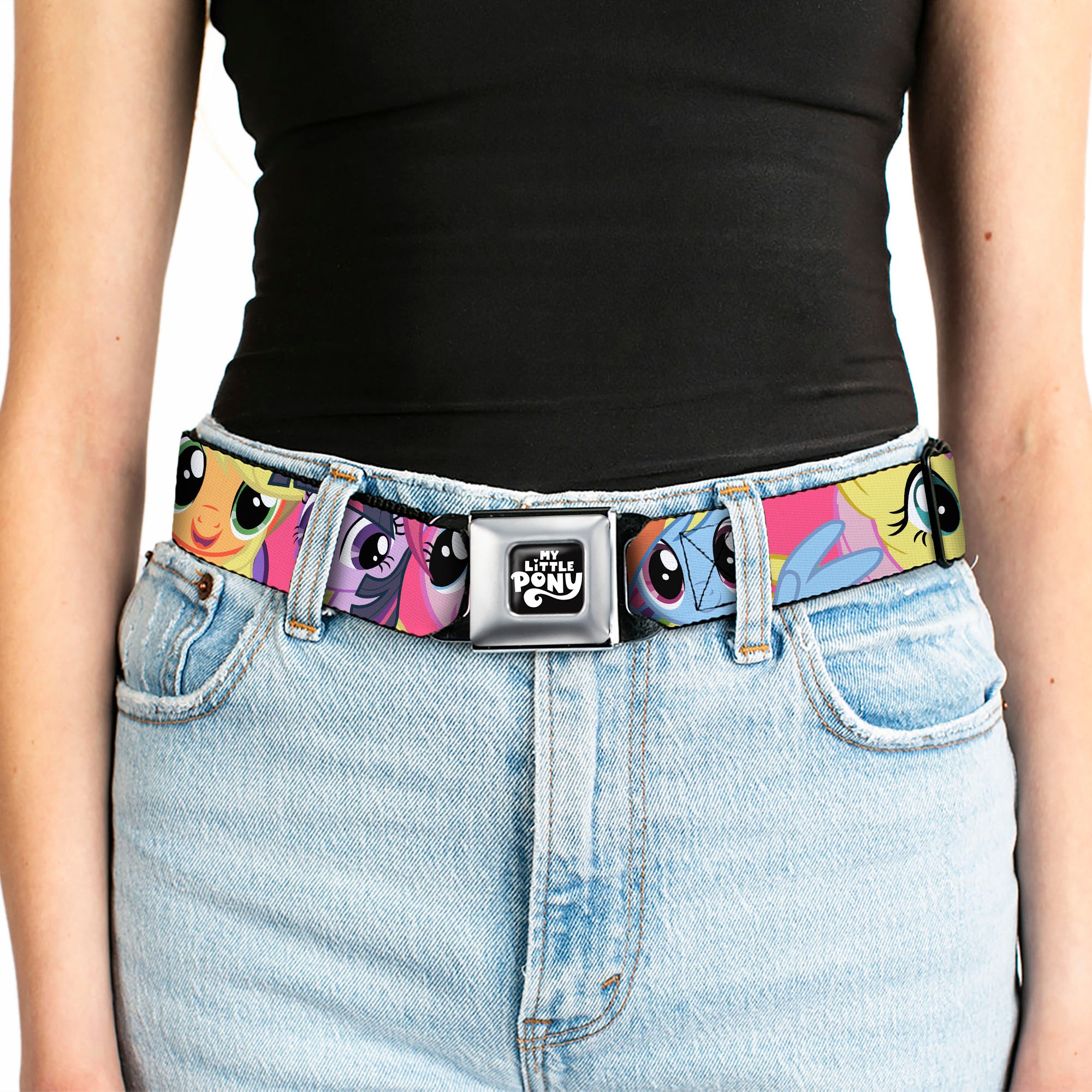 MY LITTLE PONY Title Logo Full Color Black/Purple/White Seatbelt Belt - My Little Pony Mane Six Eye Expressions Close-Up Multi Color Webbing Seatbelt Belts My Little Pony
