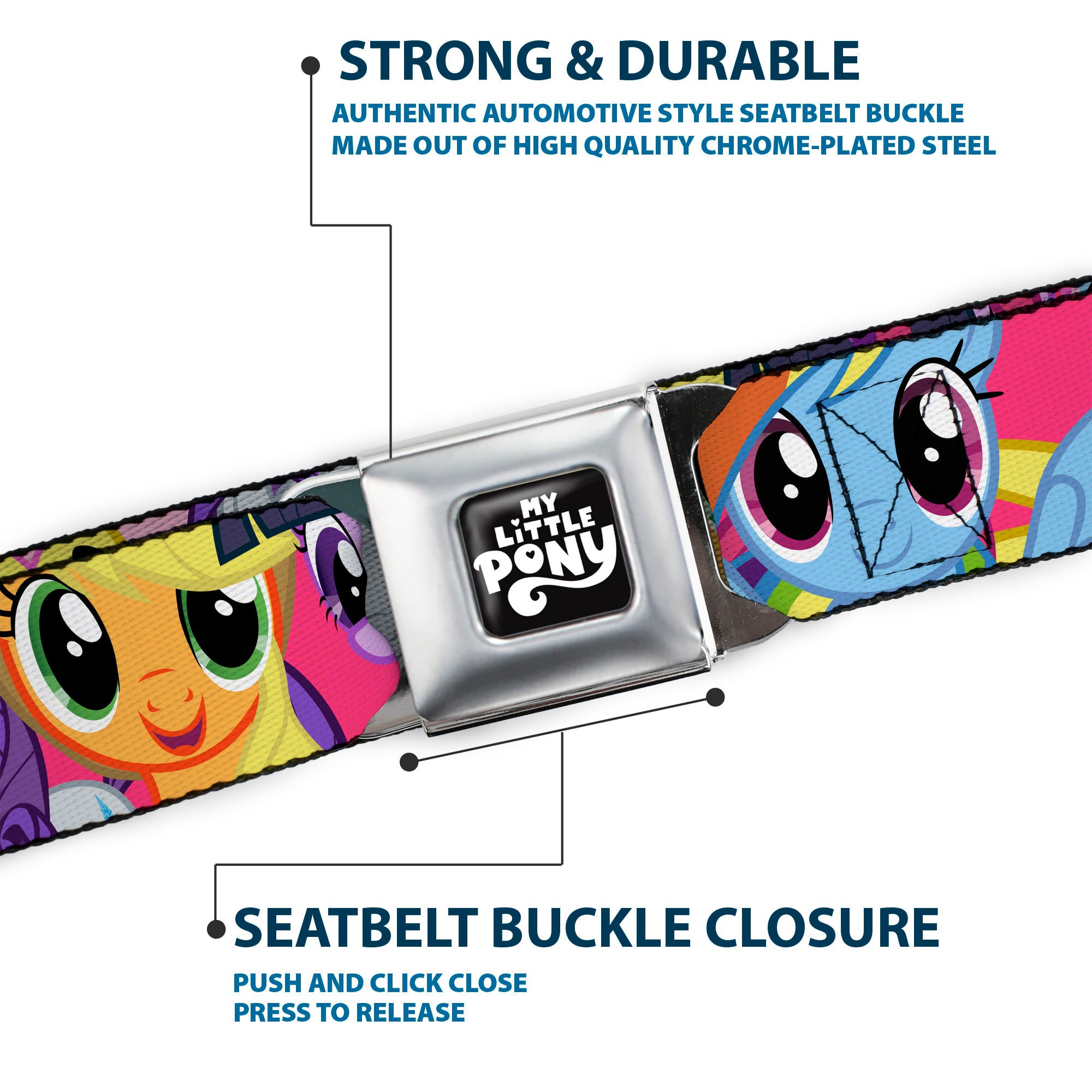 MY LITTLE PONY Title Logo Full Color Black/Purple/White Seatbelt Belt - My Little Pony Mane Six Eye Expressions Close-Up Multi Color Webbing Seatbelt Belts My Little Pony