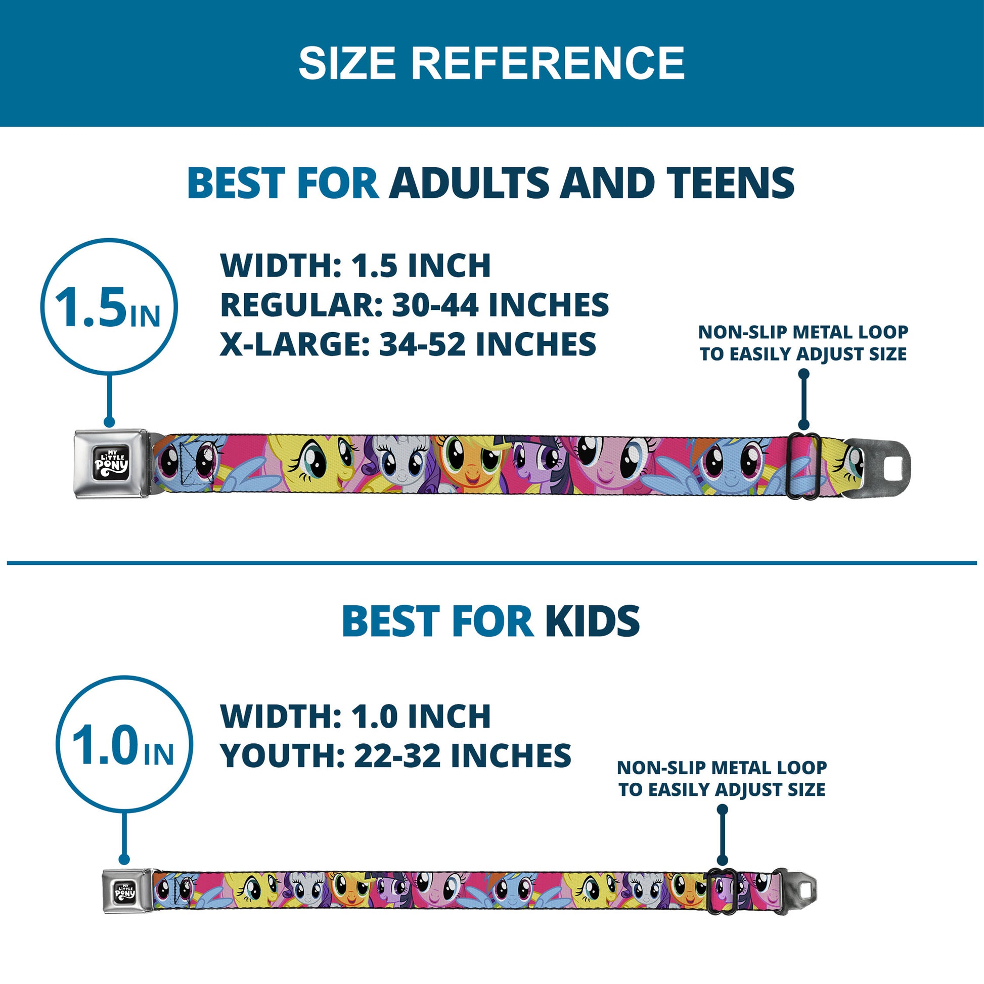 MY LITTLE PONY Title Logo Full Color Black/Purple/White Seatbelt Belt - My Little Pony Mane Six Eye Expressions Close-Up Multi Color Webbing Seatbelt Belts My Little Pony