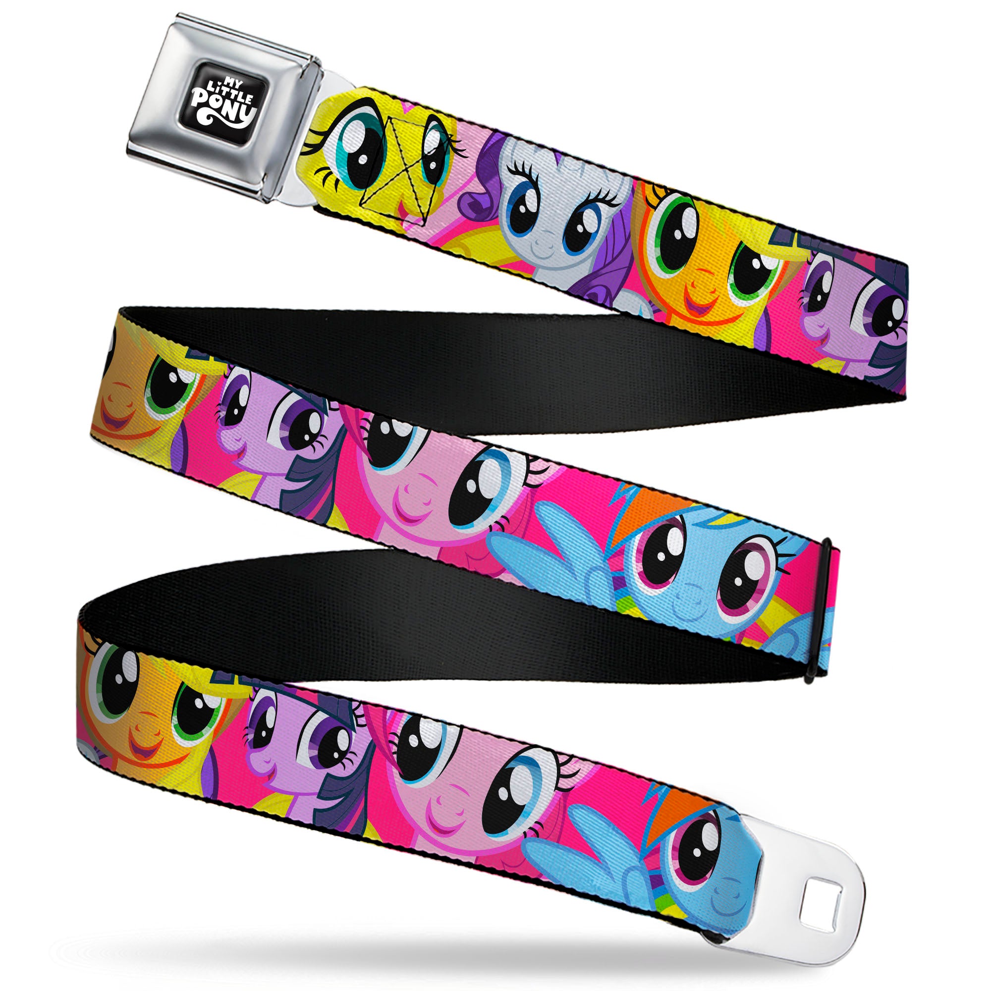 MY LITTLE PONY Title Logo Full Color Black/Purple/White Seatbelt Belt - My Little Pony Mane Six Eye Expressions Close-Up Multi Color Webbing Seatbelt Belts My Little Pony