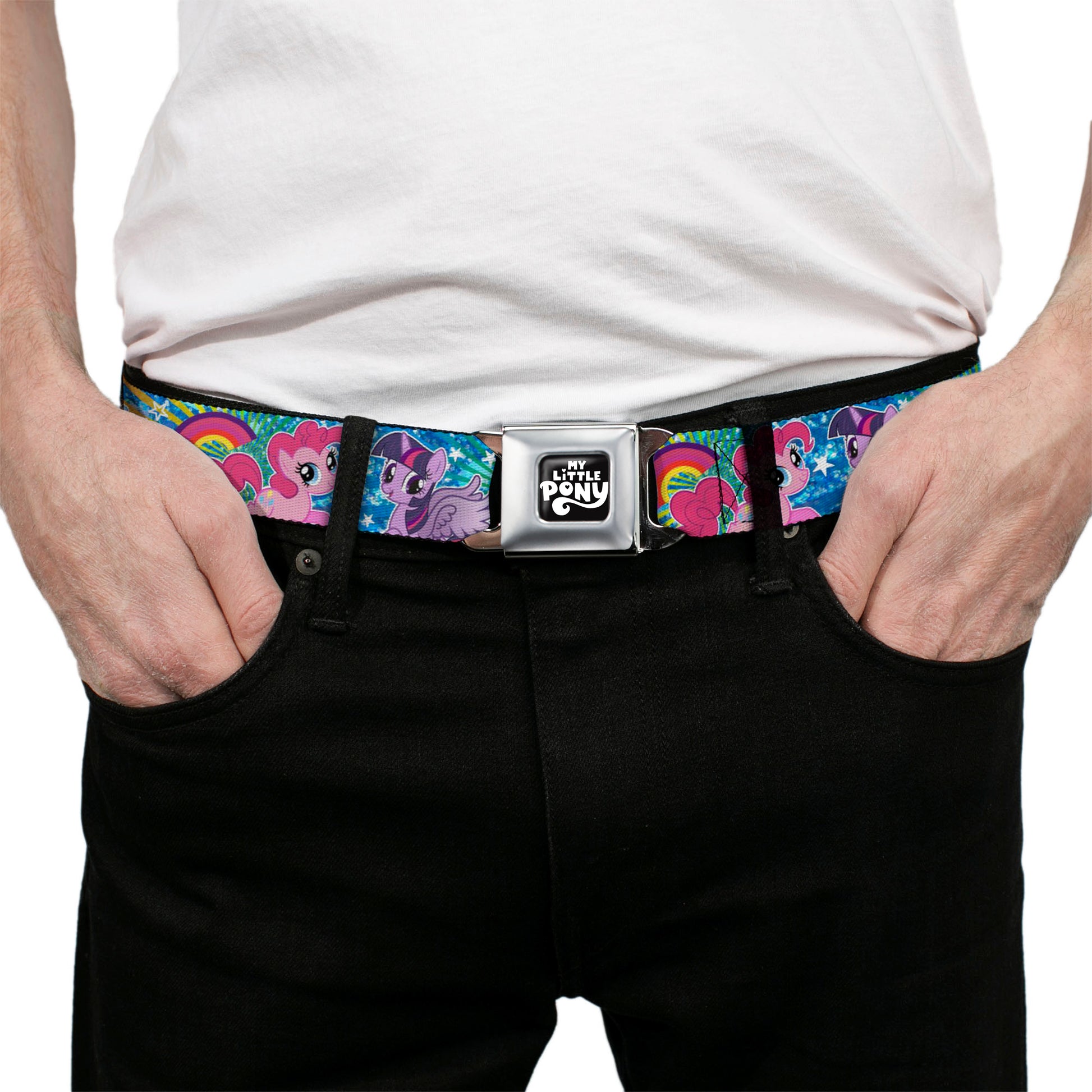 MY LITTLE PONY Title Logo Full Color Black/Purple/White Seatbelt Belt - My Little Pony Three Ponies and Spike Pose Rainbows and Rays Blues/Multi Color Webbing Seatbelt Belts My Little Pony