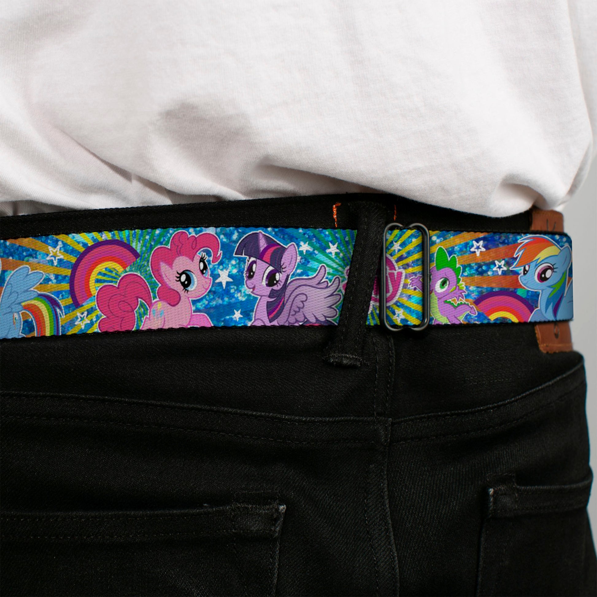 MY LITTLE PONY Title Logo Full Color Black/Purple/White Seatbelt Belt - My Little Pony Three Ponies and Spike Pose Rainbows and Rays Blues/Multi Color Webbing Seatbelt Belts My Little Pony