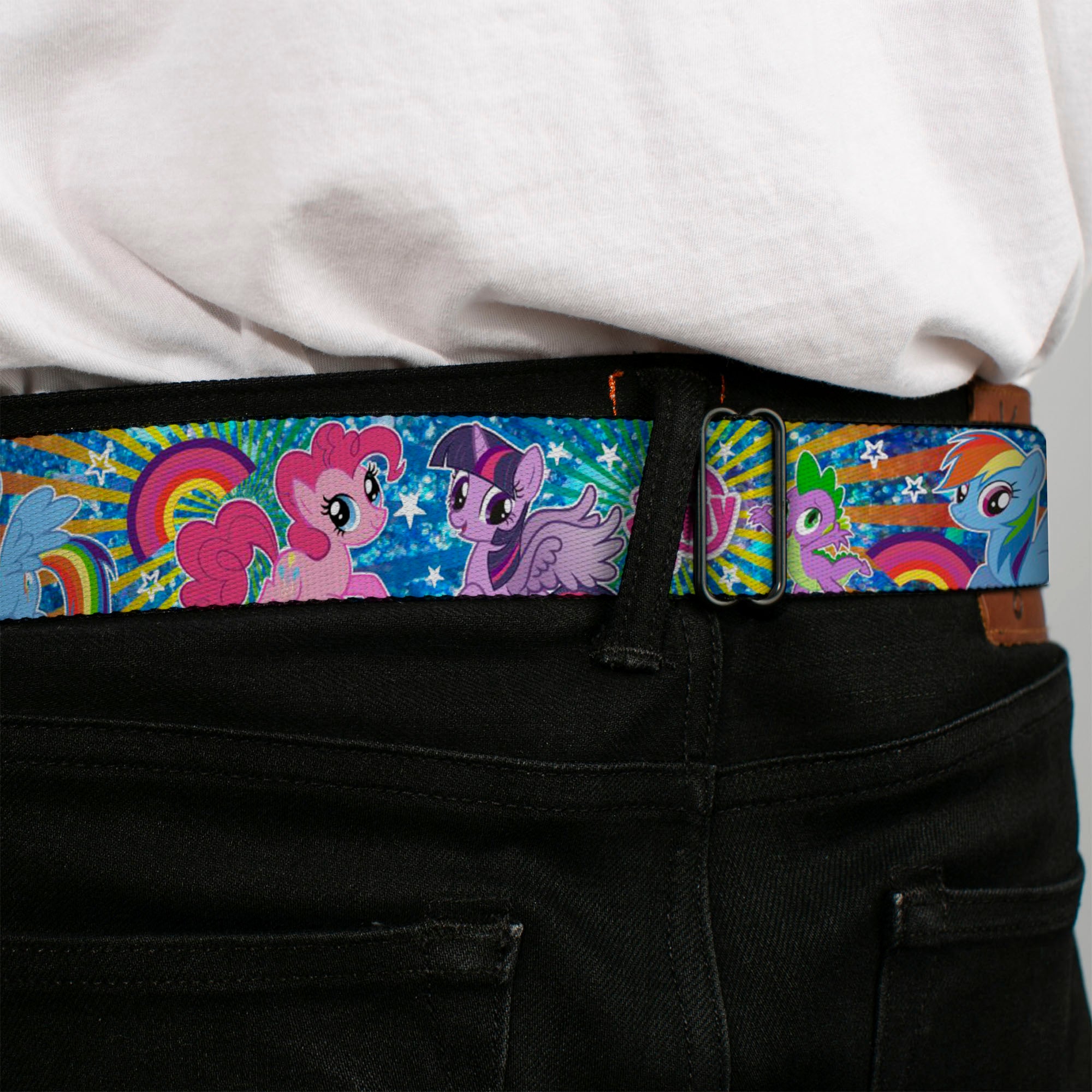 MY LITTLE PONY Title Logo Full Color Black/Purple/White Seatbelt Belt - My Little Pony Three Ponies and Spike Pose Rainbows and Rays Blues/Multi Color Webbing Seatbelt Belts My Little Pony