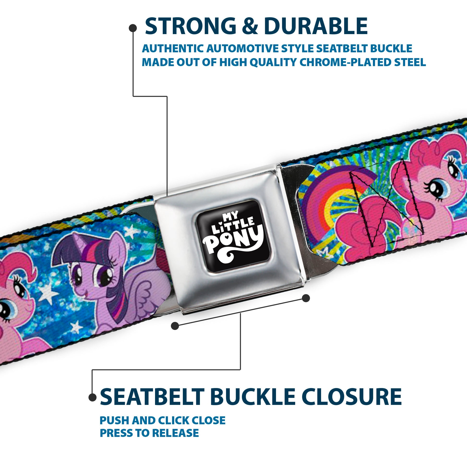 MY LITTLE PONY Title Logo Full Color Black/Purple/White Seatbelt Belt - My Little Pony Three Ponies and Spike Pose Rainbows and Rays Blues/Multi Color Webbing Seatbelt Belts My Little Pony