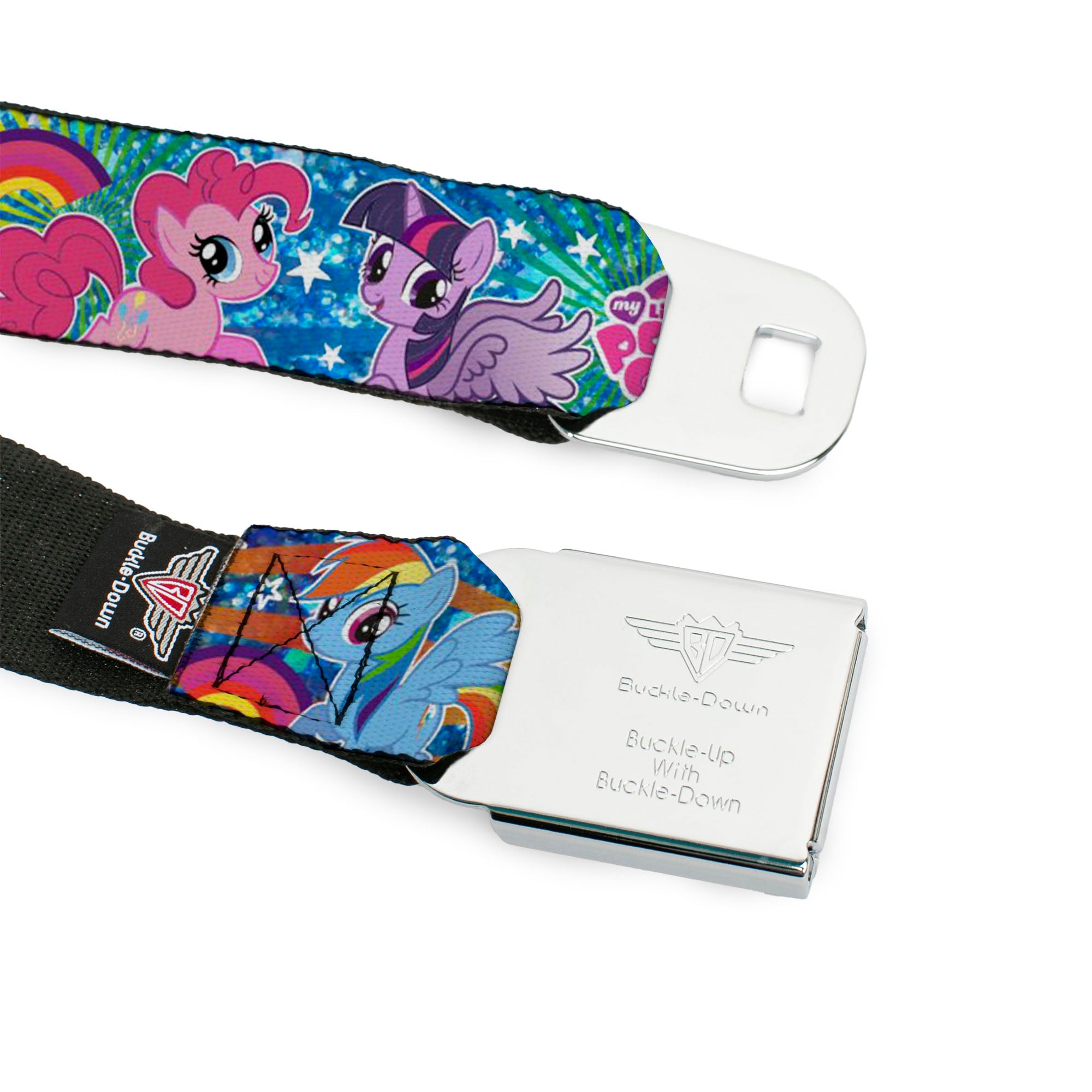 MY LITTLE PONY Title Logo Full Color Black/Purple/White Seatbelt Belt - My Little Pony Three Ponies and Spike Pose Rainbows and Rays Blues/Multi Color Webbing Seatbelt Belts My Little Pony