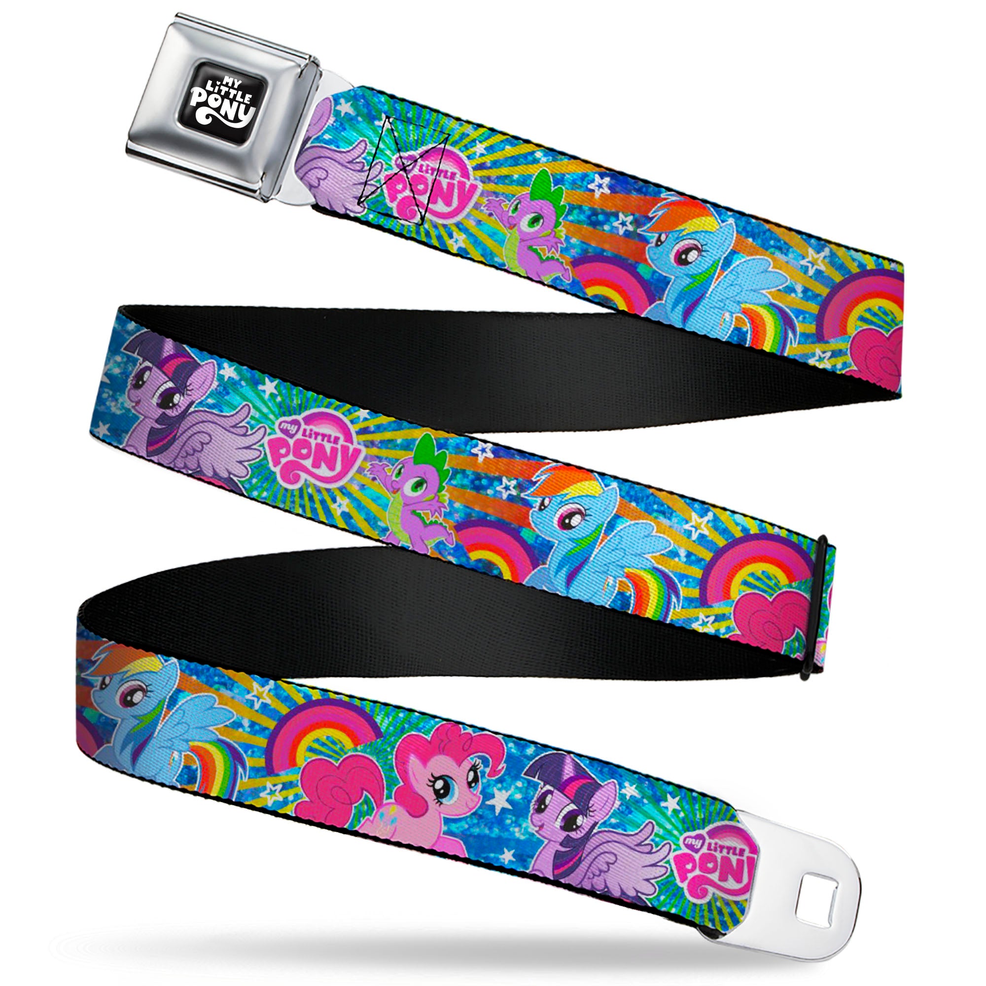 MY LITTLE PONY Title Logo Full Color Black/Purple/White Seatbelt Belt - My Little Pony Three Ponies and Spike Pose Rainbows and Rays Blues/Multi Color Webbing Seatbelt Belts My Little Pony