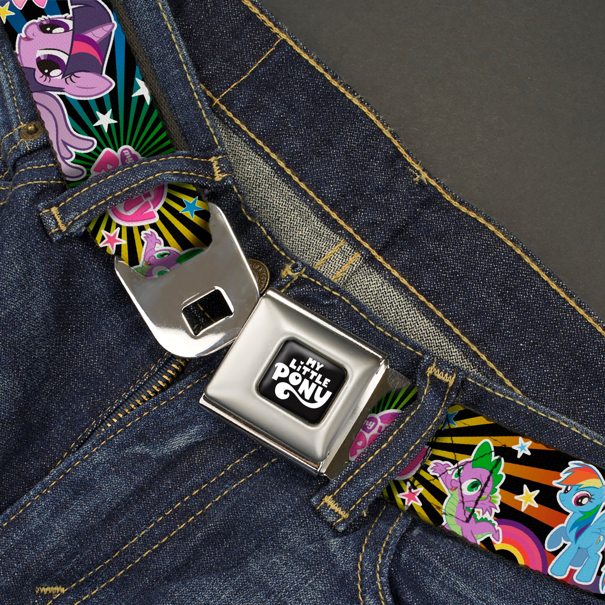 MY LITTLE PONY Title Logo Full Color Black/Purple/White Seatbelt Belt - My Little Pony Three Ponies and Spike Poses and Rays Black/Multi Color Webbing Seatbelt Belts My Little Pony