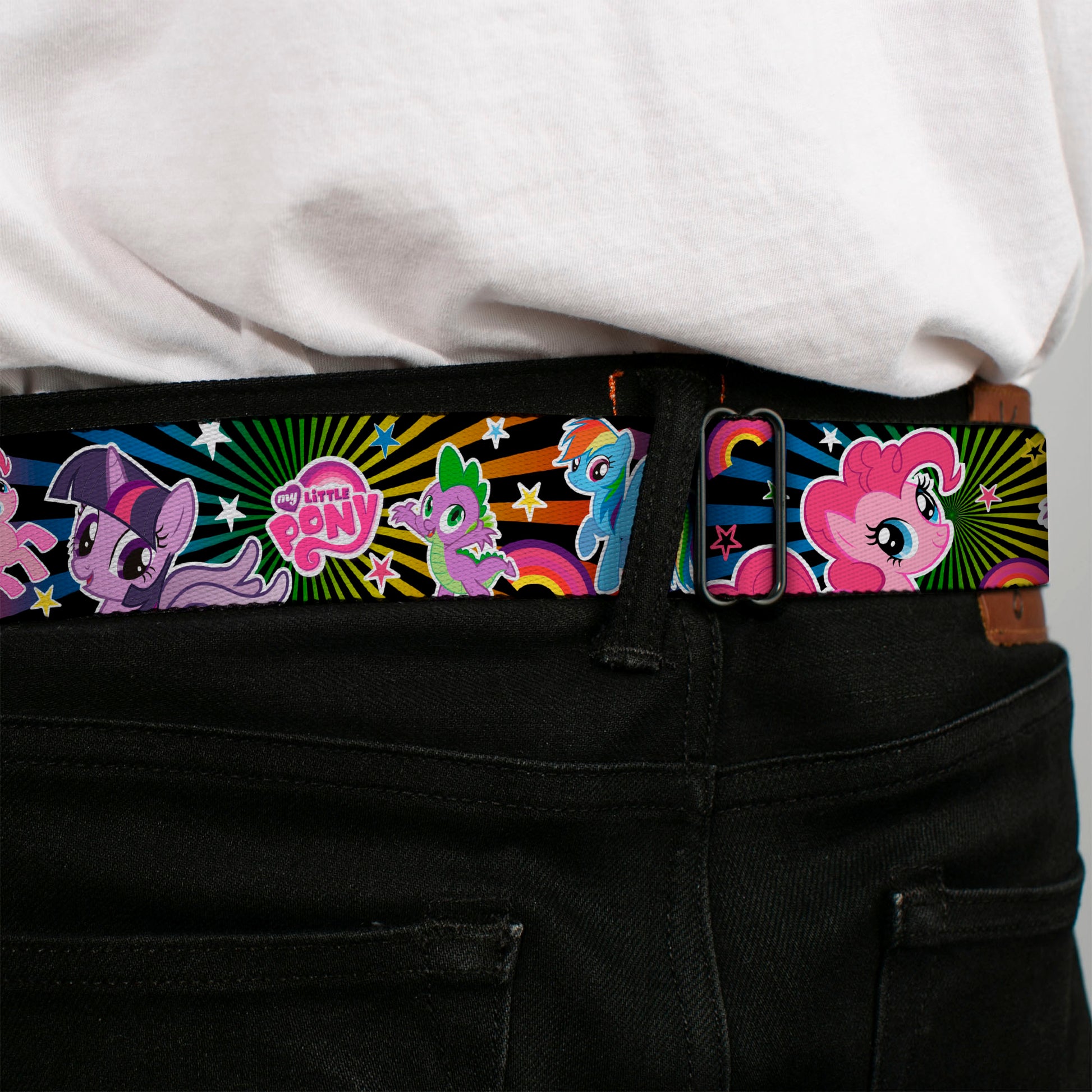 MY LITTLE PONY Title Logo Full Color Black/Purple/White Seatbelt Belt - My Little Pony Three Ponies and Spike Poses and Rays Black/Multi Color Webbing Seatbelt Belts My Little Pony
