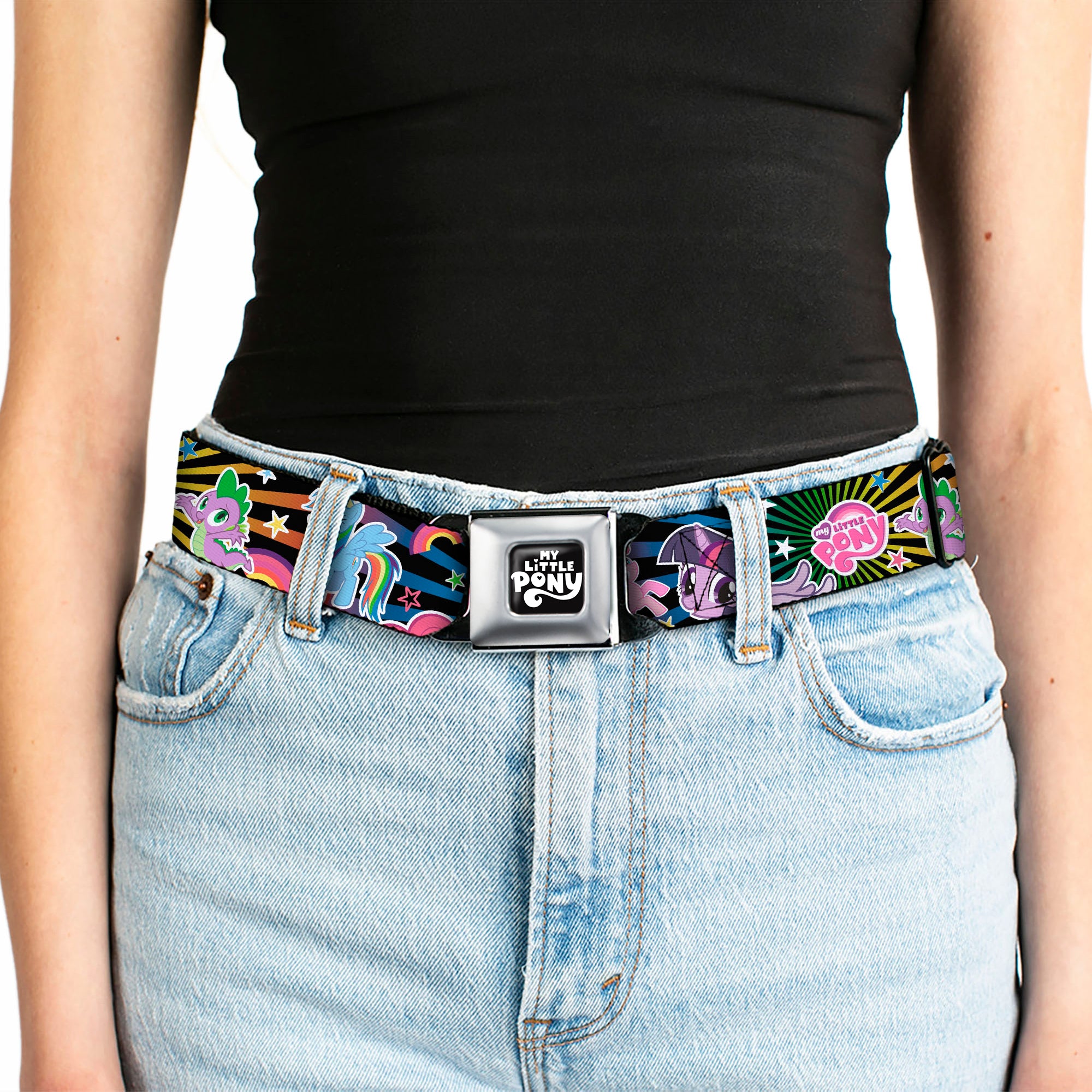 MY LITTLE PONY Title Logo Full Color Black/Purple/White Seatbelt Belt - My Little Pony Three Ponies and Spike Poses and Rays Black/Multi Color Webbing Seatbelt Belts My Little Pony