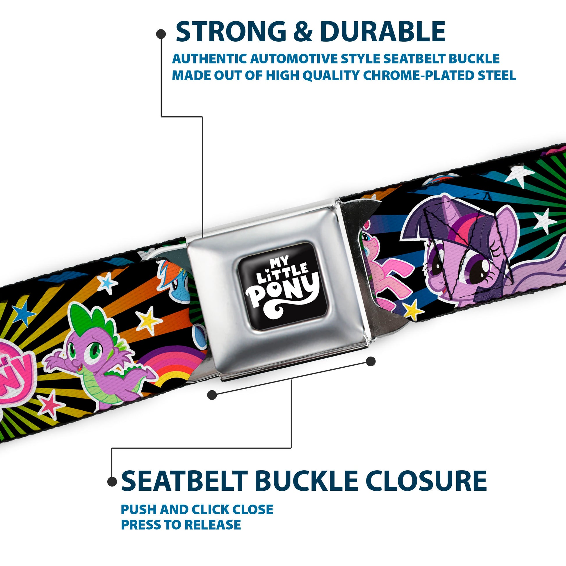 MY LITTLE PONY Title Logo Full Color Black/Purple/White Seatbelt Belt - My Little Pony Three Ponies and Spike Poses and Rays Black/Multi Color Webbing Seatbelt Belts My Little Pony
