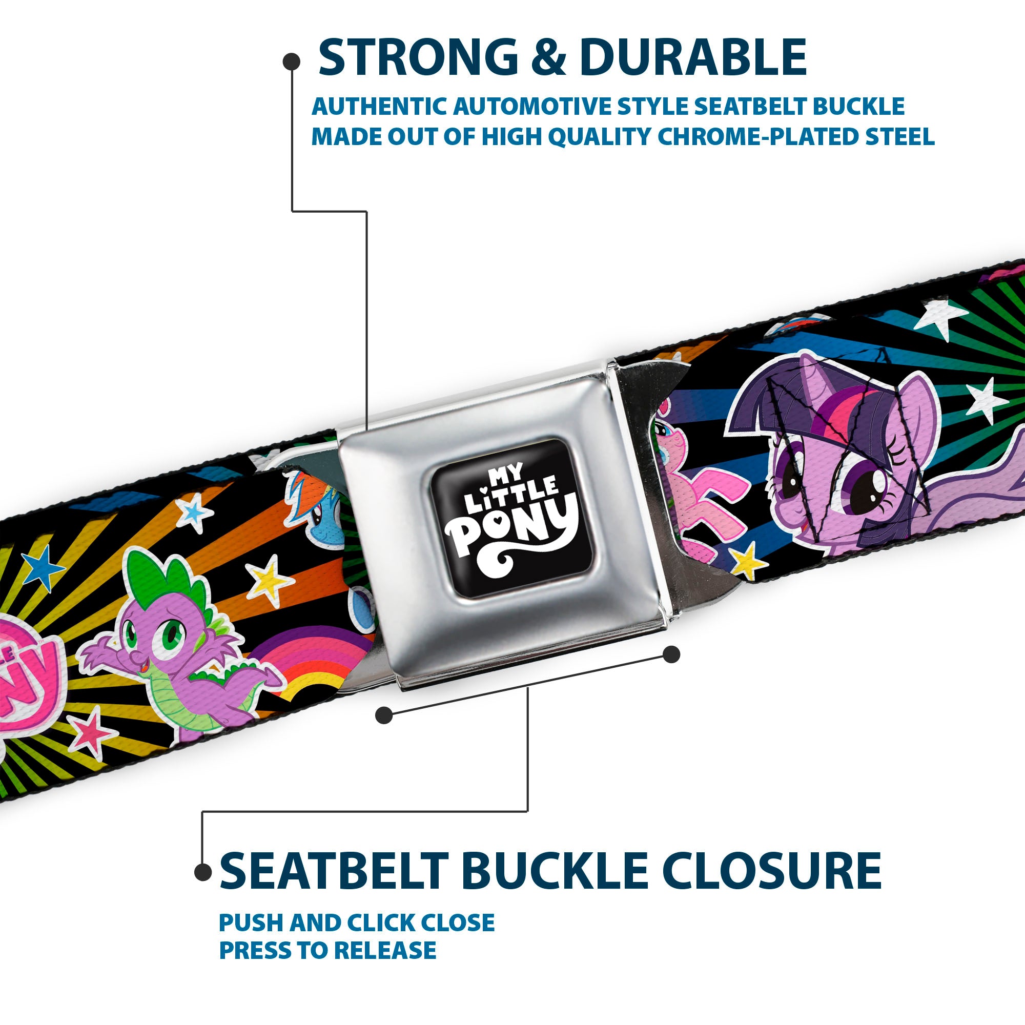 MY LITTLE PONY Title Logo Full Color Black/Purple/White Seatbelt Belt - My Little Pony Three Ponies and Spike Poses and Rays Black/Multi Color Webbing Seatbelt Belts My Little Pony