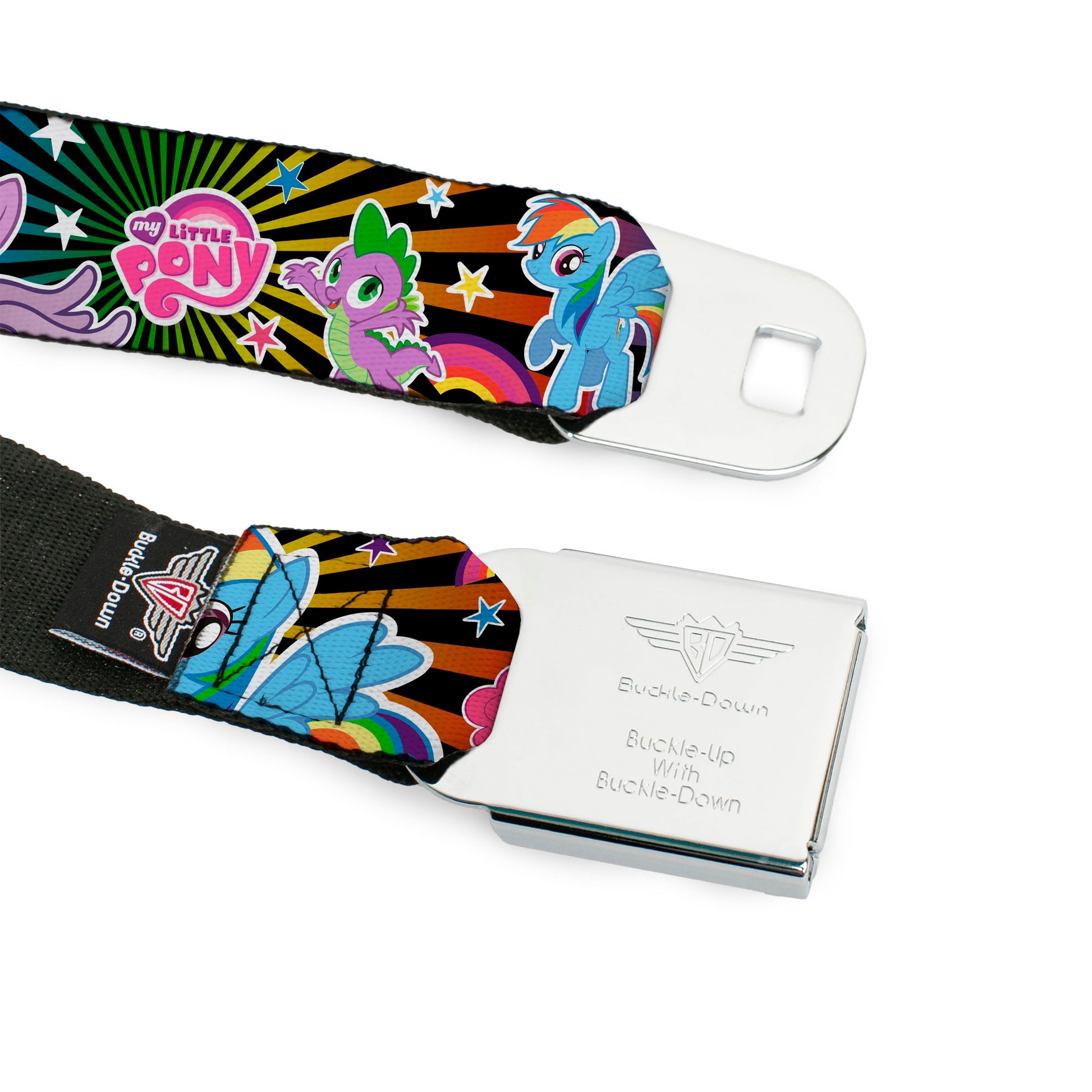 MY LITTLE PONY Title Logo Full Color Black/Purple/White Seatbelt Belt - My Little Pony Three Ponies and Spike Poses and Rays Black/Multi Color Webbing Seatbelt Belts My Little Pony