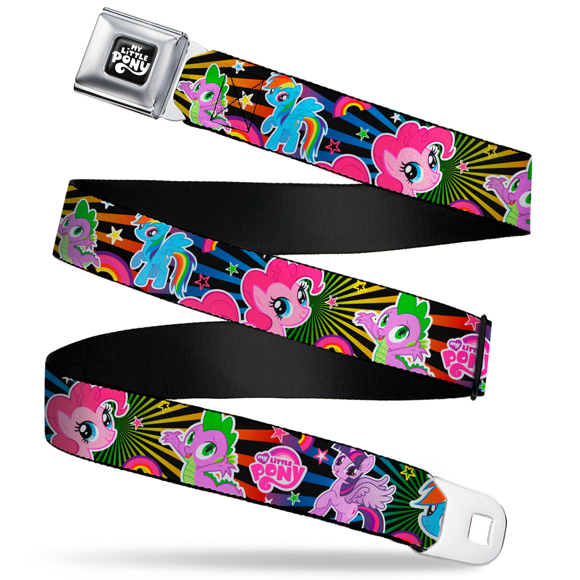 MY LITTLE PONY Title Logo Full Color Black/Purple/White Seatbelt Belt - My Little Pony Three Ponies and Spike Poses and Rays Black/Multi Color Webbing Seatbelt Belts My Little Pony