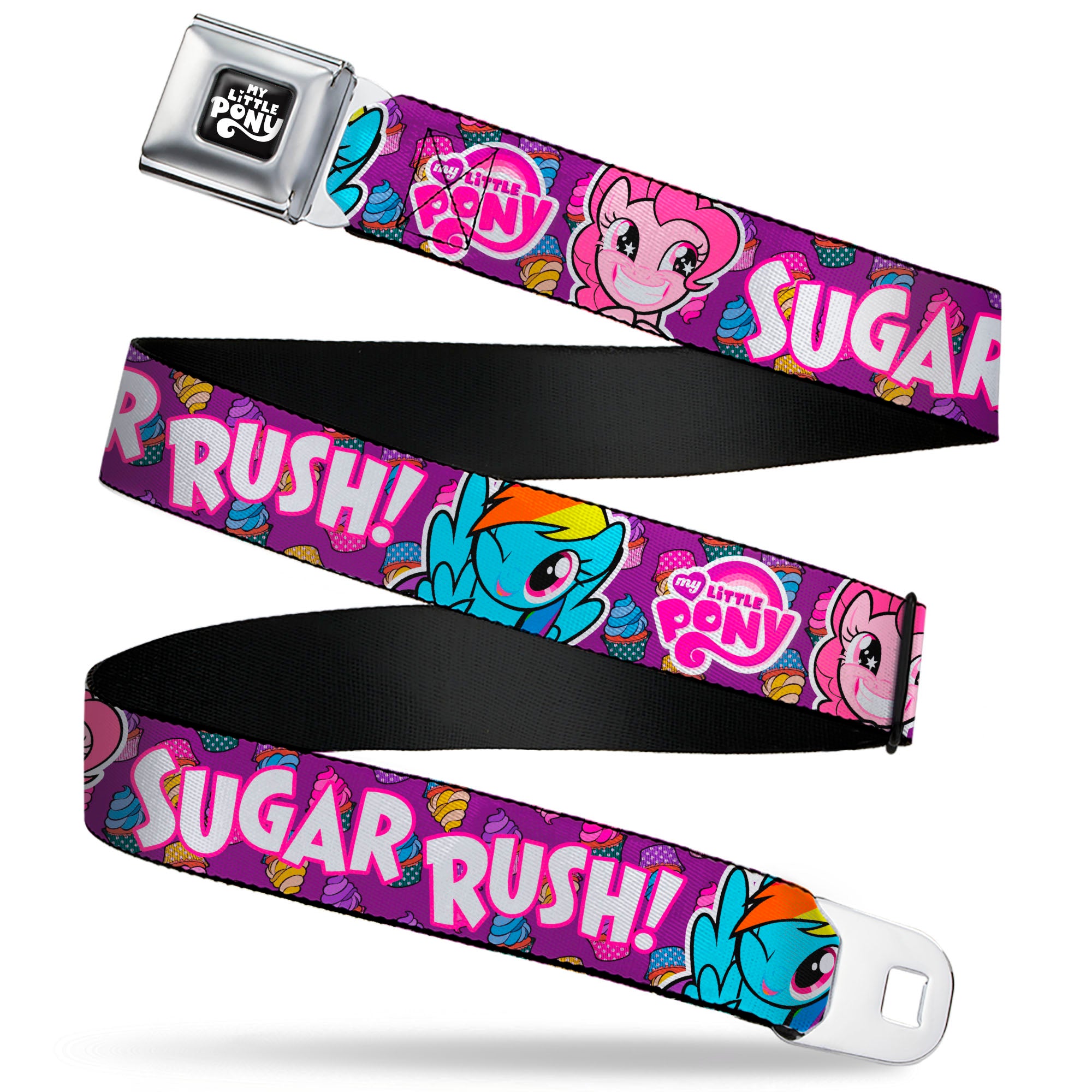 MY LITTLE PONY Title Logo Full Color Black/Purple/White Seatbelt Belt - My Little Pony Pinkie Pie and Rainbow Dash SUGAR RUSH Pose Purple Webbing Seatbelt Belts My Little Pony