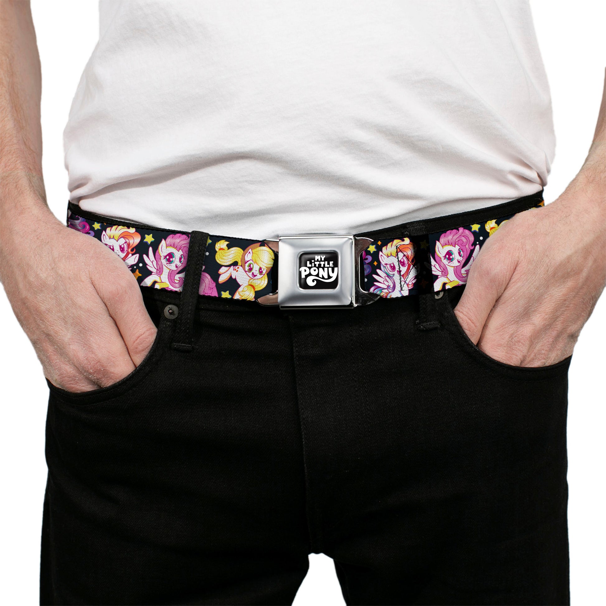 MY LITTLE PONY Title Logo Full Color Black/Purple/White Seatbelt Belt - My Little Pony Five Retro Pony Action Pose Black/Multi Color Webbing Seatbelt Belts My Little Pony