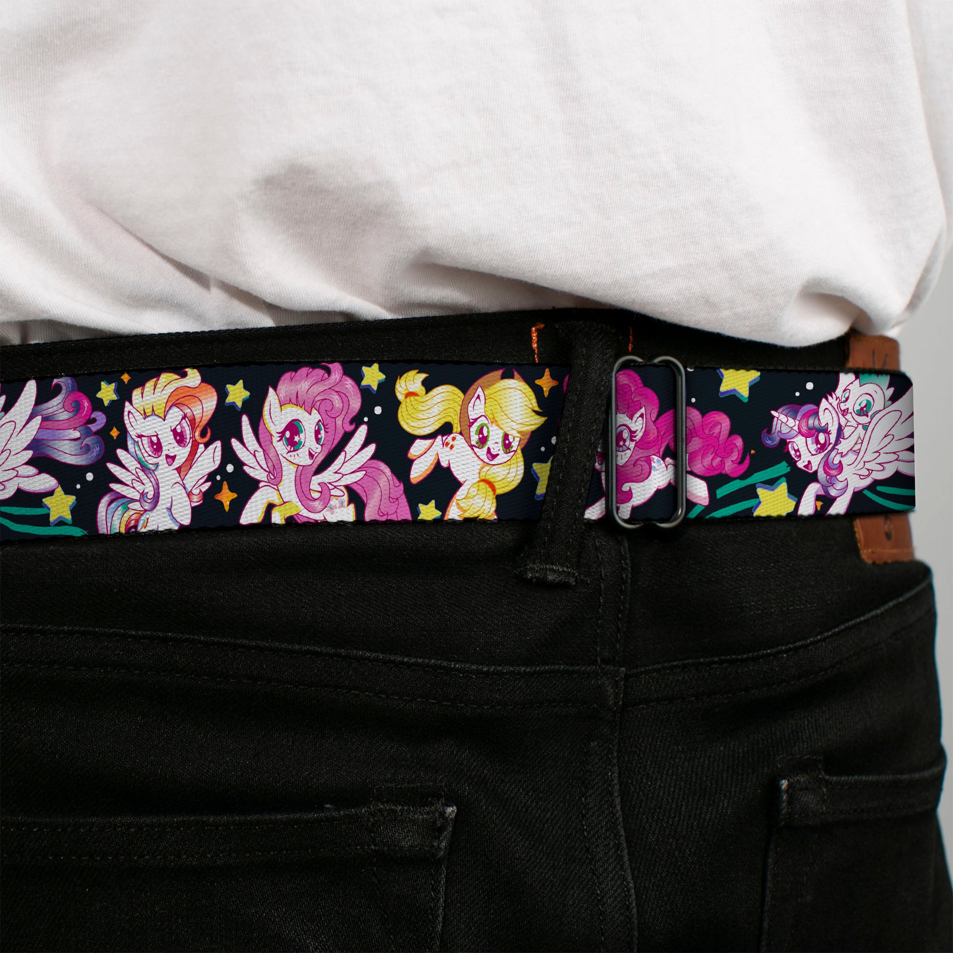 MY LITTLE PONY Title Logo Full Color Black/Purple/White Seatbelt Belt - My Little Pony Five Retro Pony Action Pose Black/Multi Color Webbing Seatbelt Belts My Little Pony