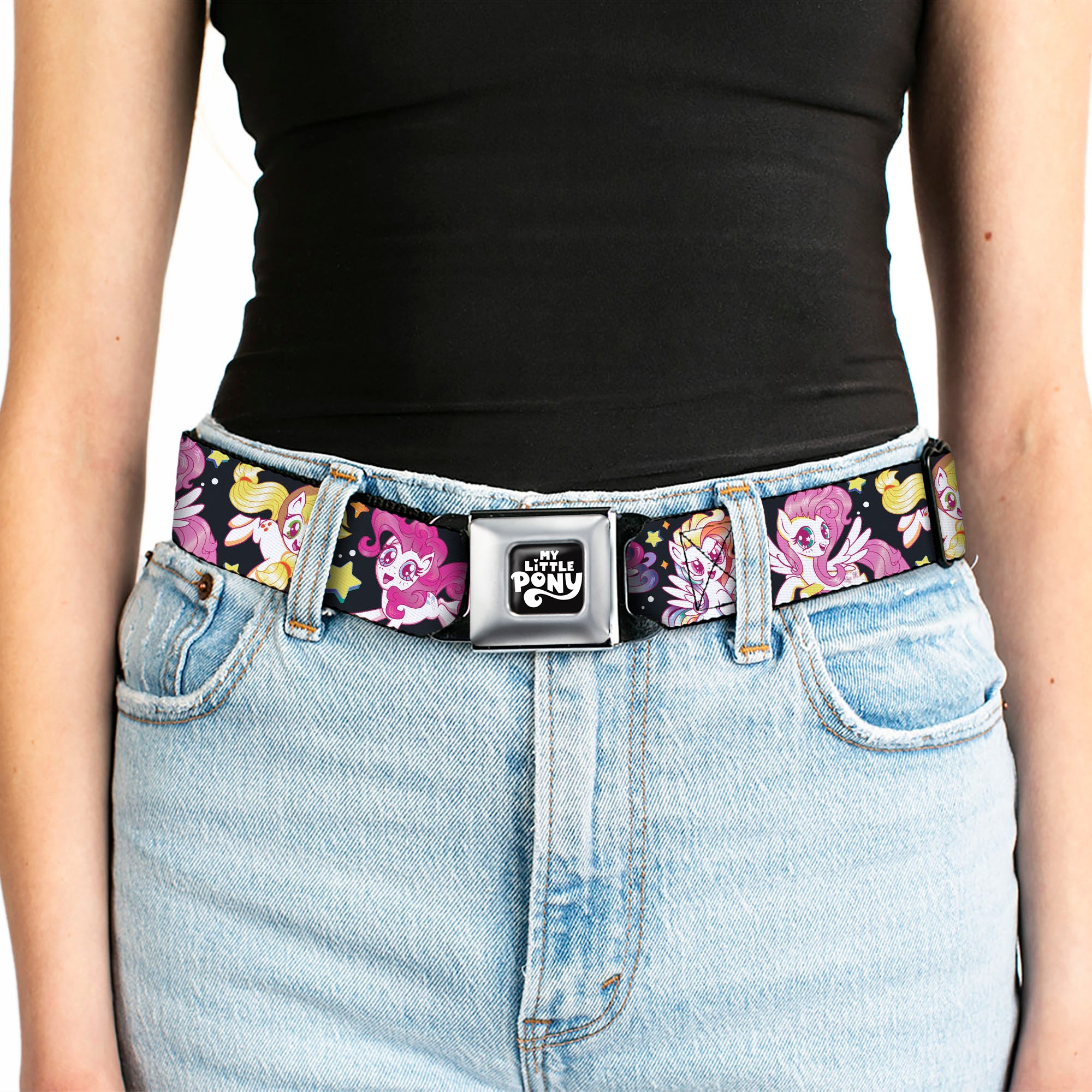 MY LITTLE PONY Title Logo Full Color Black/Purple/White Seatbelt Belt - My Little Pony Five Retro Pony Action Pose Black/Multi Color Webbing Seatbelt Belts My Little Pony