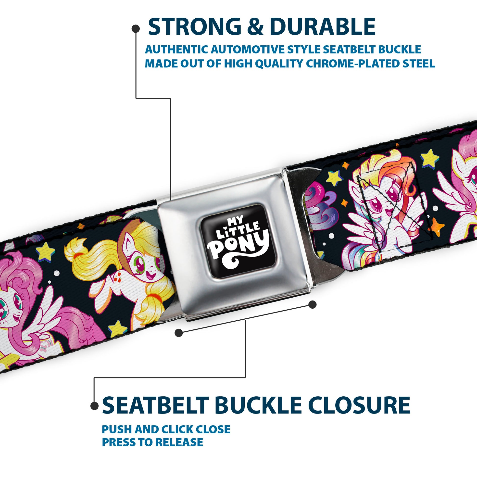 MY LITTLE PONY Title Logo Full Color Black/Purple/White Seatbelt Belt - My Little Pony Five Retro Pony Action Pose Black/Multi Color Webbing Seatbelt Belts My Little Pony