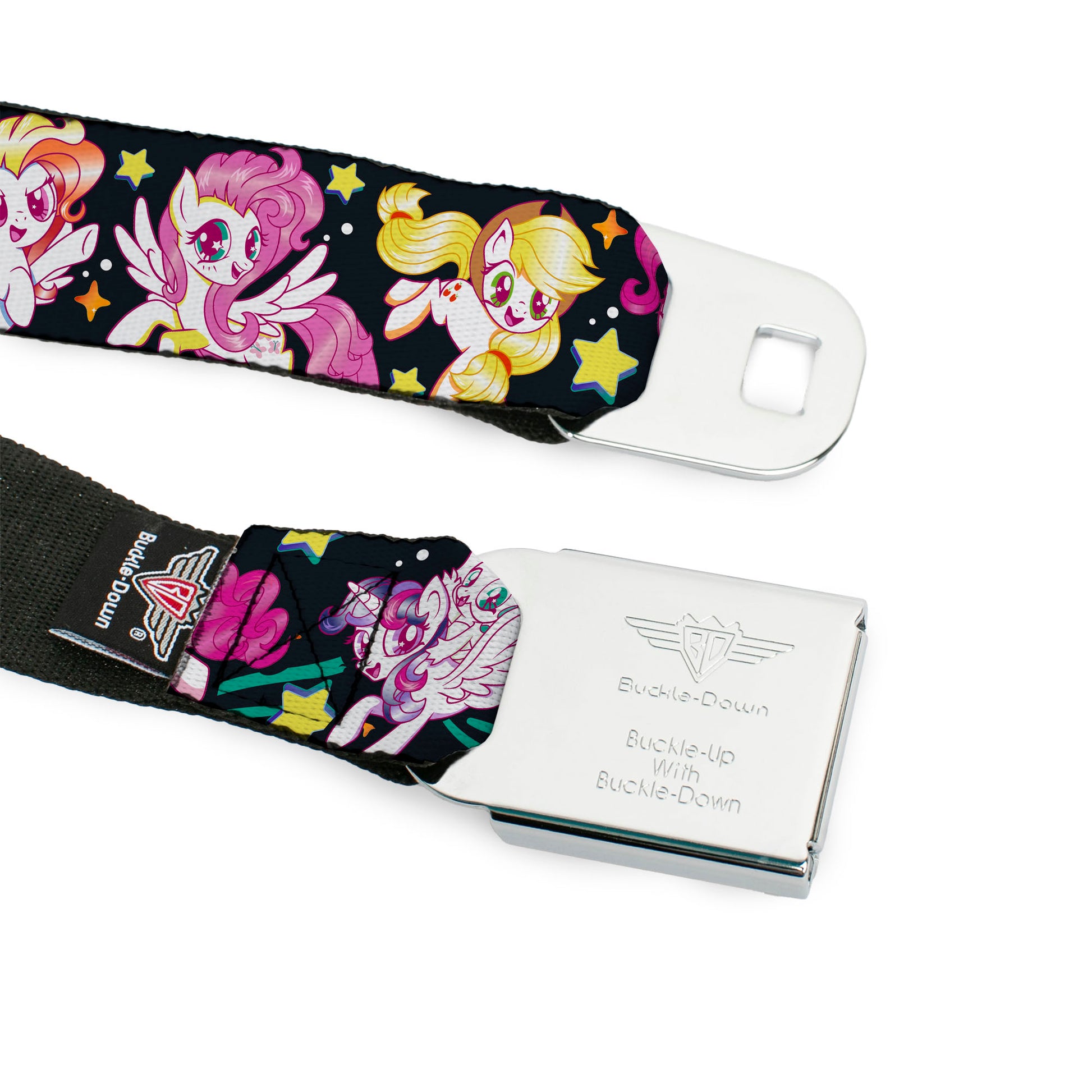 MY LITTLE PONY Title Logo Full Color Black/Purple/White Seatbelt Belt - My Little Pony Five Retro Pony Action Pose Black/Multi Color Webbing Seatbelt Belts My Little Pony
