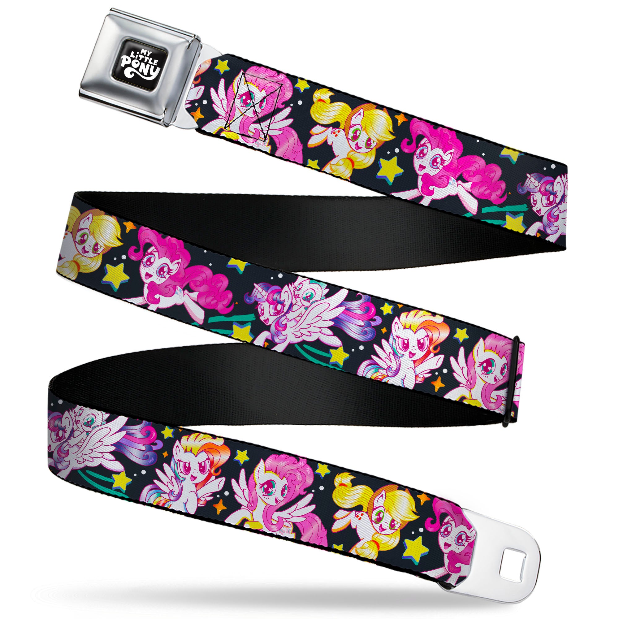 MY LITTLE PONY Title Logo Full Color Black/Purple/White Seatbelt Belt - My Little Pony Five Retro Pony Action Pose Black/Multi Color Webbing Seatbelt Belts My Little Pony