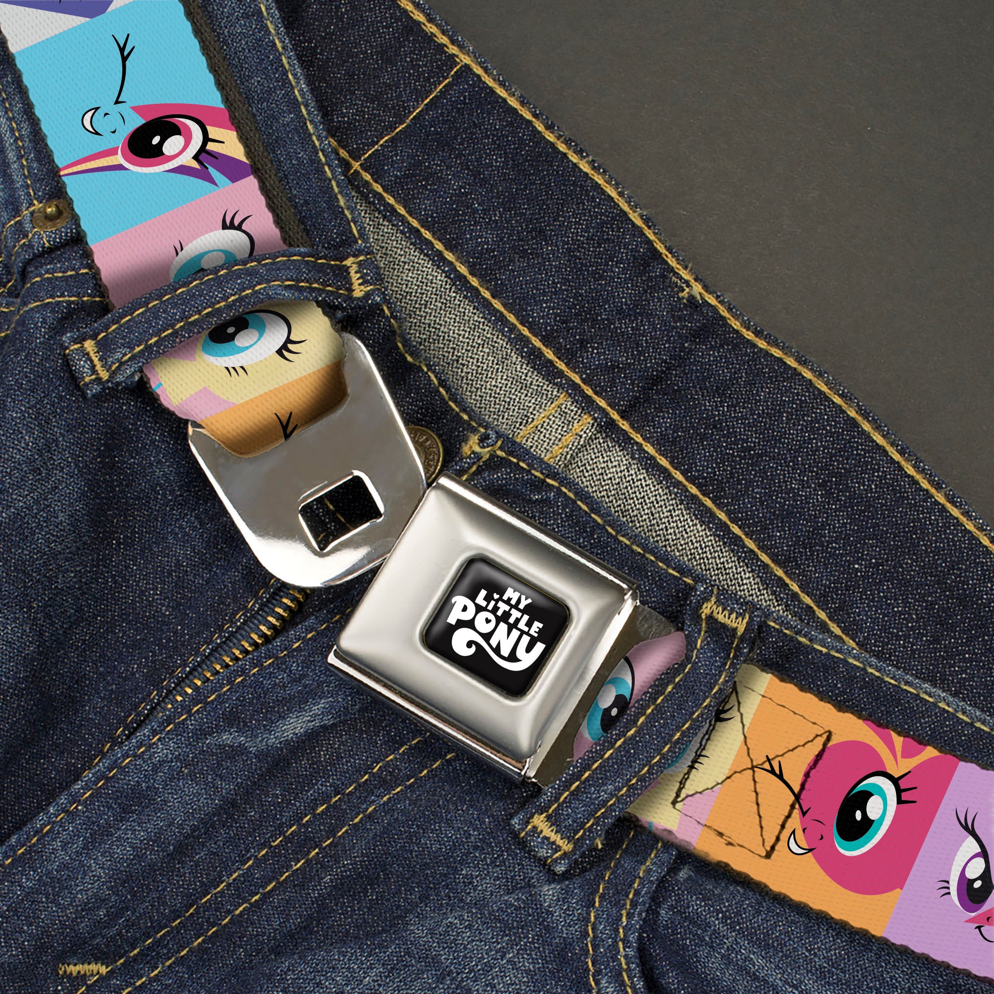 MY LITTLE PONY Title Logo Full Color Black/Purple/White Seatbelt Belt - My Little Pony Mane Six Cutie Mark Expression Blocks Multi Color Webbing Seatbelt Belts My Little Pony
