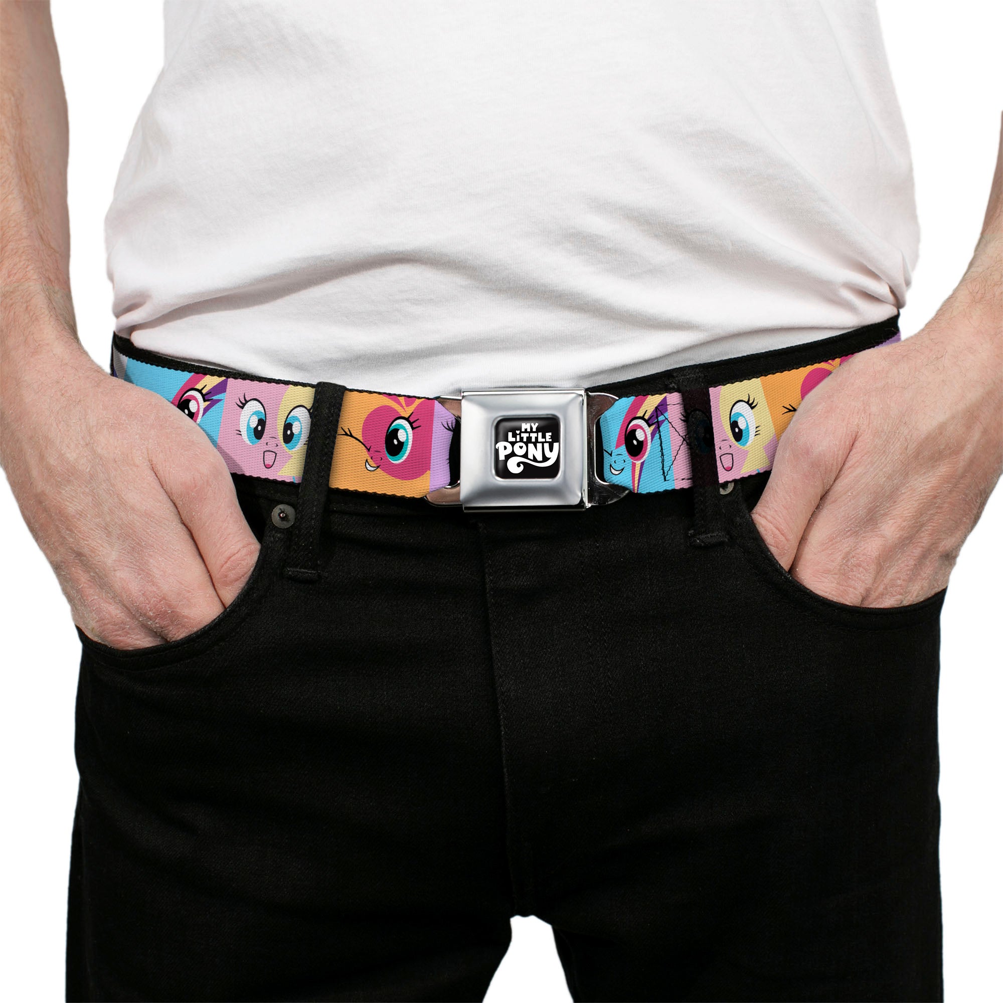 MY LITTLE PONY Title Logo Full Color Black/Purple/White Seatbelt Belt - My Little Pony Mane Six Cutie Mark Expression Blocks Multi Color Webbing Seatbelt Belts My Little Pony