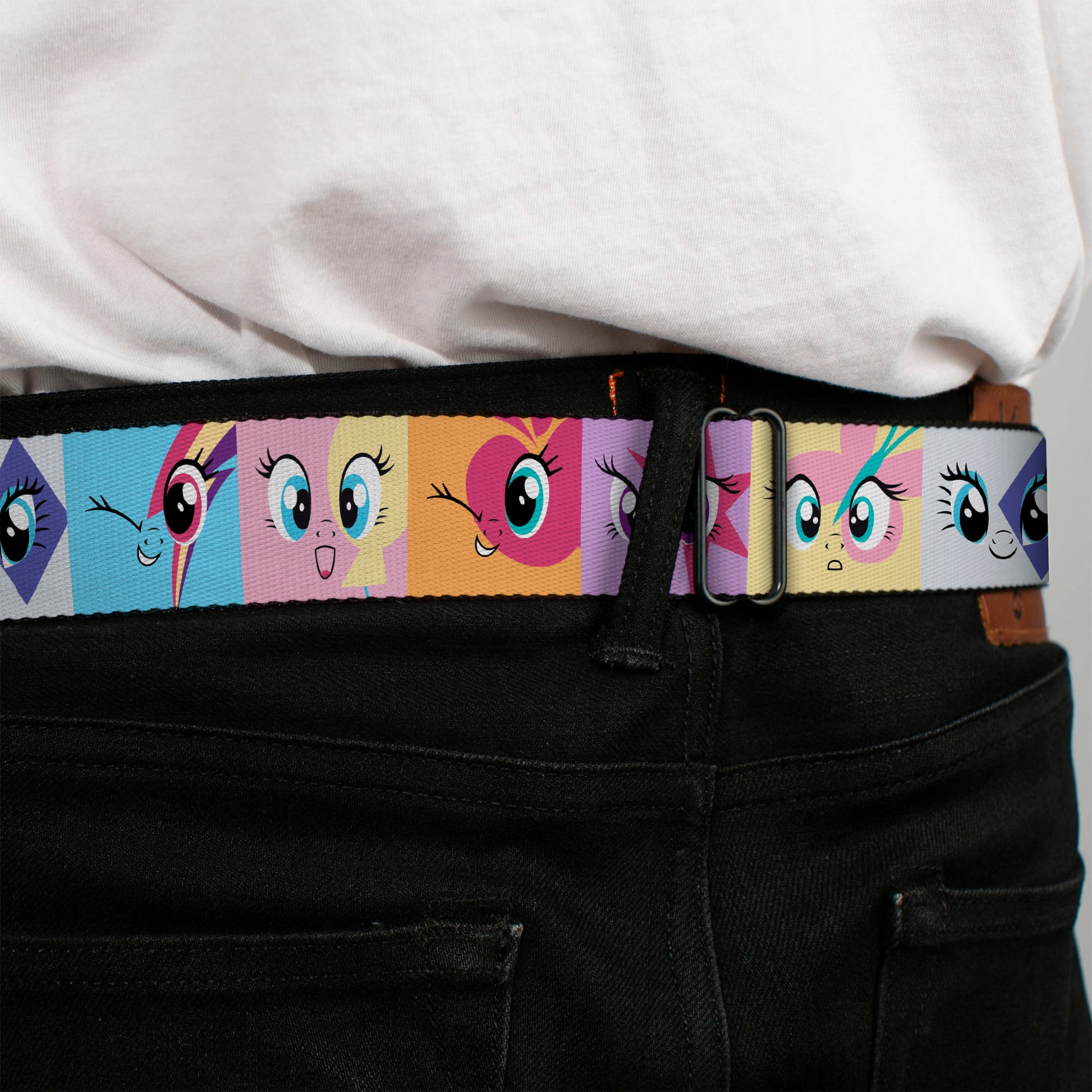 MY LITTLE PONY Title Logo Full Color Black/Purple/White Seatbelt Belt - My Little Pony Mane Six Cutie Mark Expression Blocks Multi Color Webbing Seatbelt Belts My Little Pony