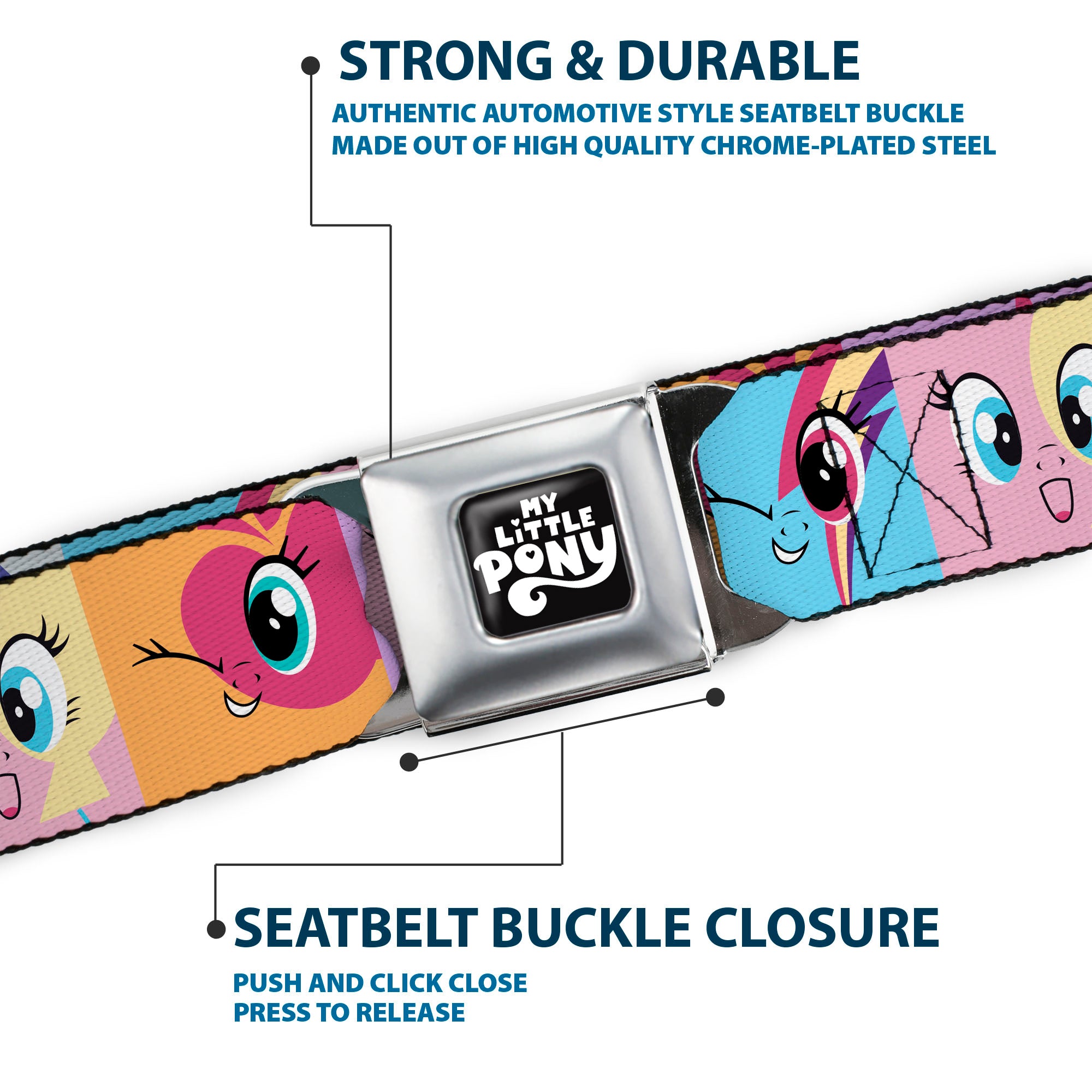 MY LITTLE PONY Title Logo Full Color Black/Purple/White Seatbelt Belt - My Little Pony Mane Six Cutie Mark Expression Blocks Multi Color Webbing Seatbelt Belts My Little Pony
