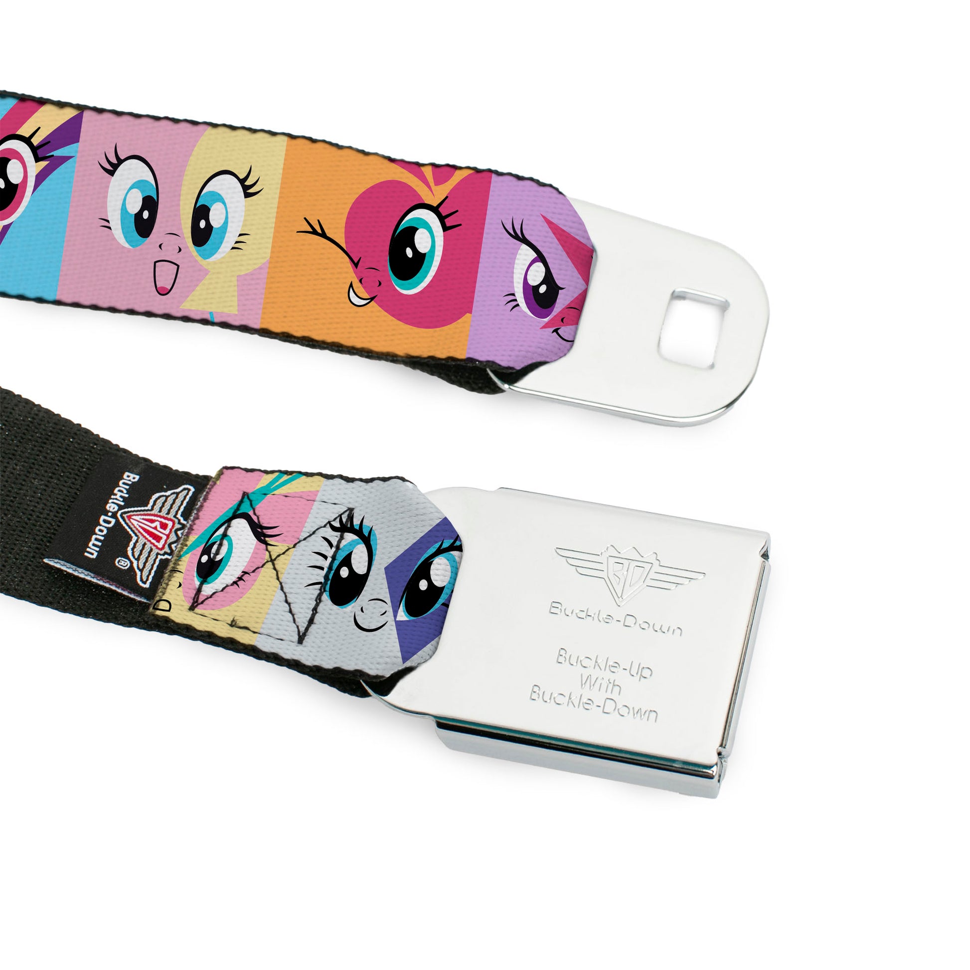 MY LITTLE PONY Title Logo Full Color Black/Purple/White Seatbelt Belt - My Little Pony Mane Six Cutie Mark Expression Blocks Multi Color Webbing Seatbelt Belts My Little Pony