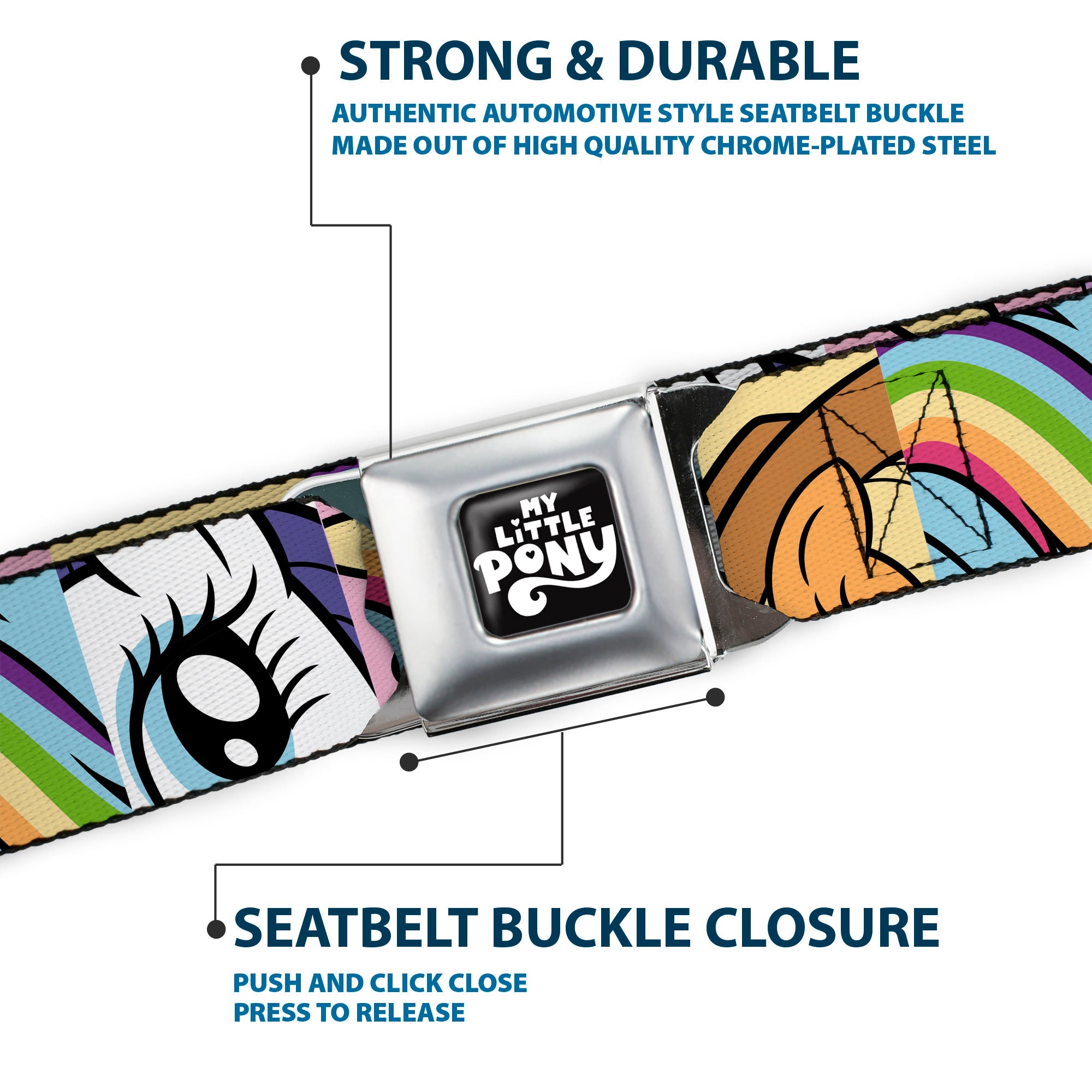 MY LITTLE PONY Title Logo Full Color Black/Purple/White Seatbelt Belt - My Little Pony Mane Six Character Close-Up Blocks Multi Color Webbing Seatbelt Belts My Little Pony