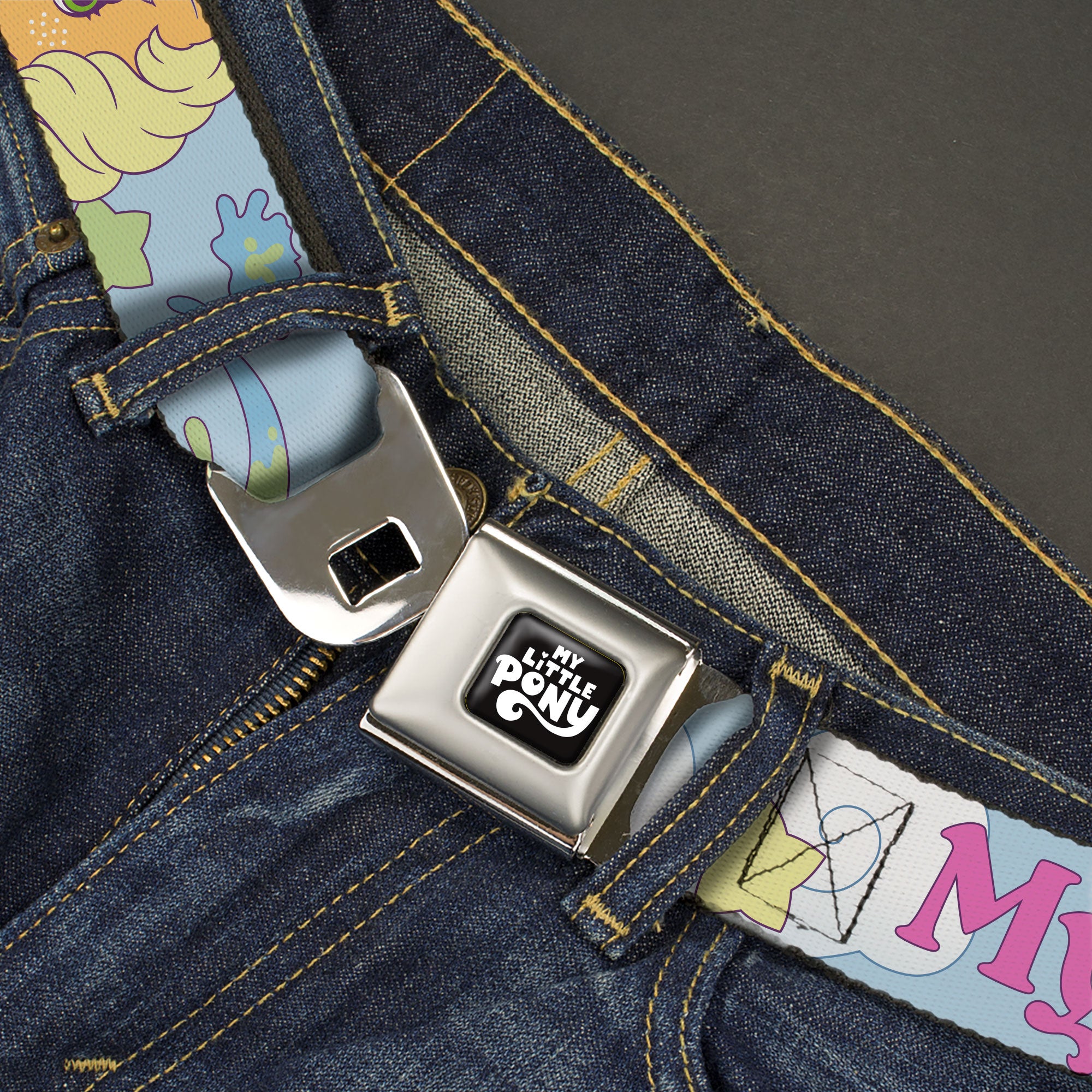 MY LITTLE PONY Title Logo Full Color Black/Purple/White Seatbelt Belt - MY LITTLE PONY Firefly Applejack and Posey Group Pose with Title Logo Light Blue Webbing Seatbelt Belts My Little Pony