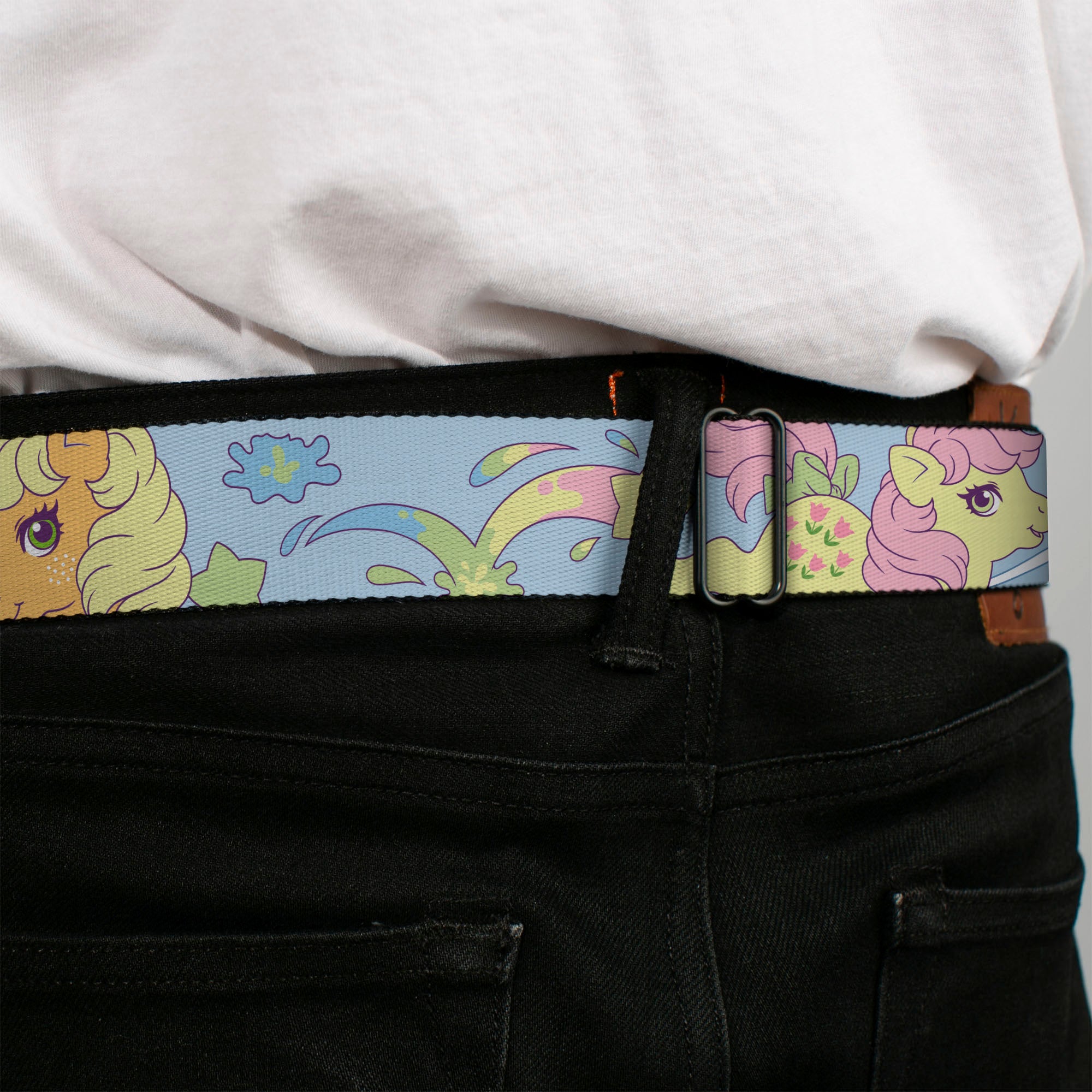 MY LITTLE PONY Title Logo Full Color Black/Purple/White Seatbelt Belt - MY LITTLE PONY Firefly Applejack and Posey Group Pose with Title Logo Light Blue Webbing Seatbelt Belts My Little Pony