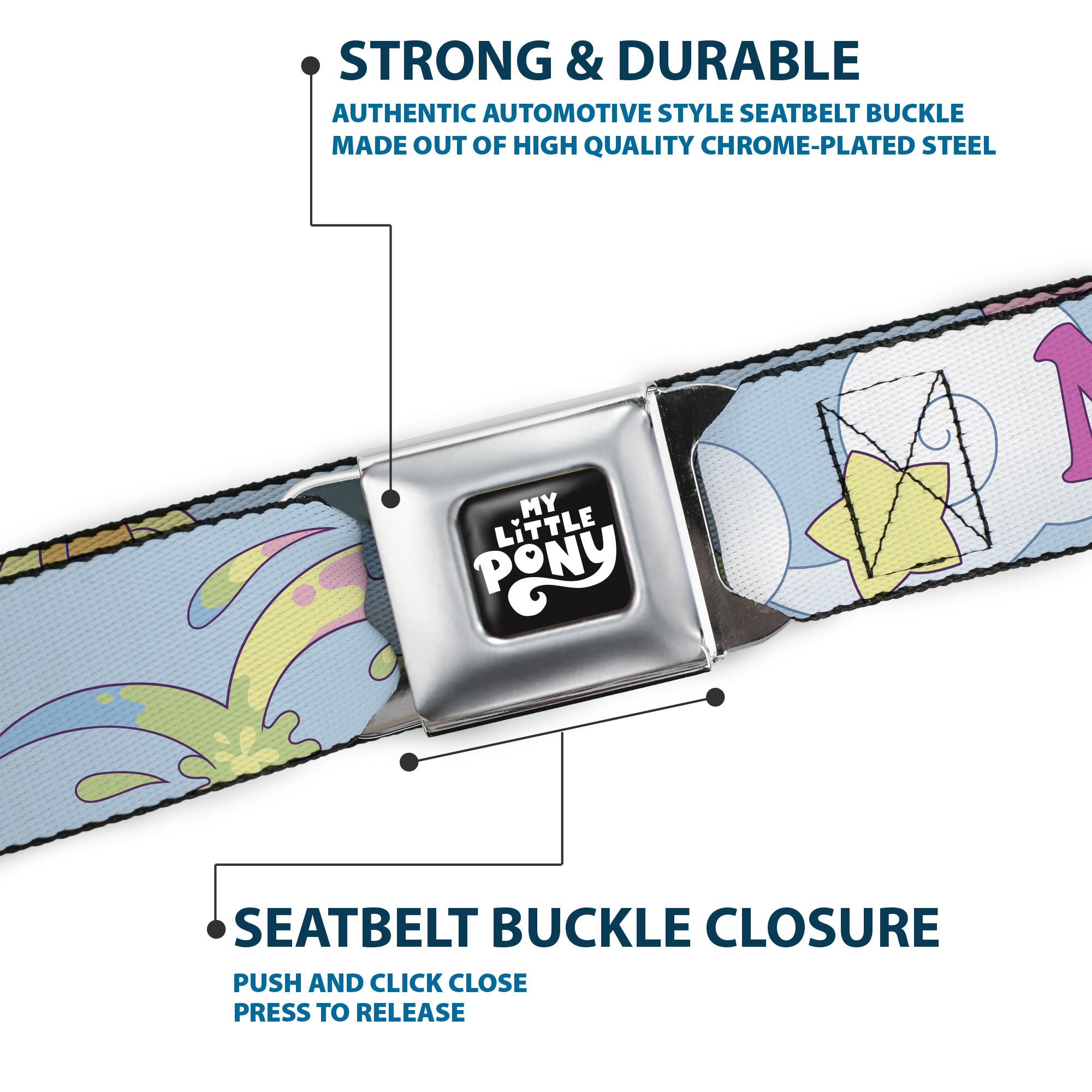 MY LITTLE PONY Title Logo Full Color Black/Purple/White Seatbelt Belt - MY LITTLE PONY Firefly Applejack and Posey Group Pose with Title Logo Light Blue Webbing Seatbelt Belts My Little Pony