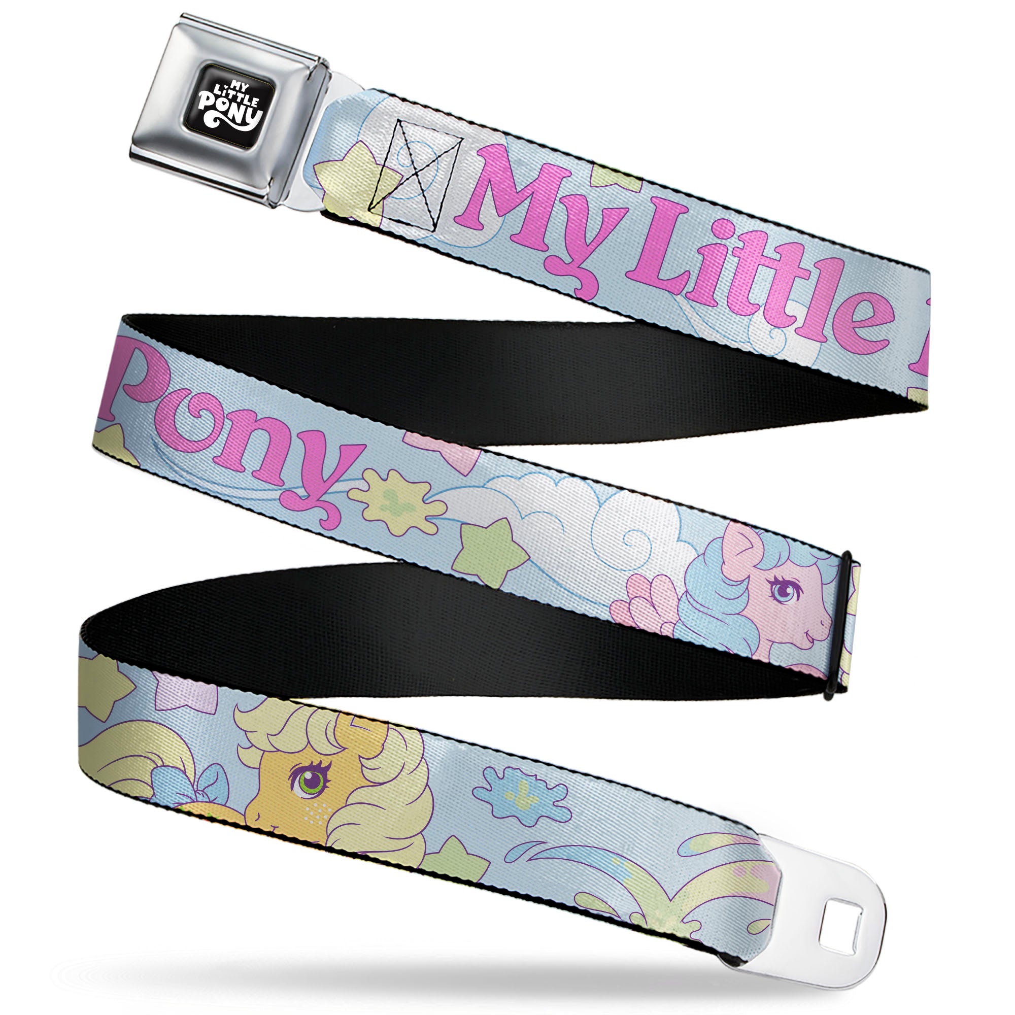 MY LITTLE PONY Title Logo Full Color Black/Purple/White Seatbelt Belt - MY LITTLE PONY Firefly Applejack and Posey Group Pose with Title Logo Light Blue Webbing Seatbelt Belts My Little Pony