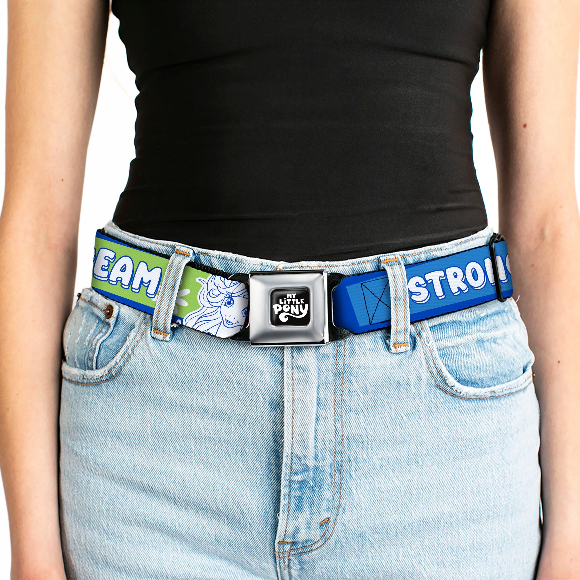 MY LITTLE PONY Title Logo Full Color Black/Purple/White Seatbelt Belt - MY LITTLE PONY Three Ponies Trait Text Blocks Blue/Multi Color Webbing Seatbelt Belts My Little Pony