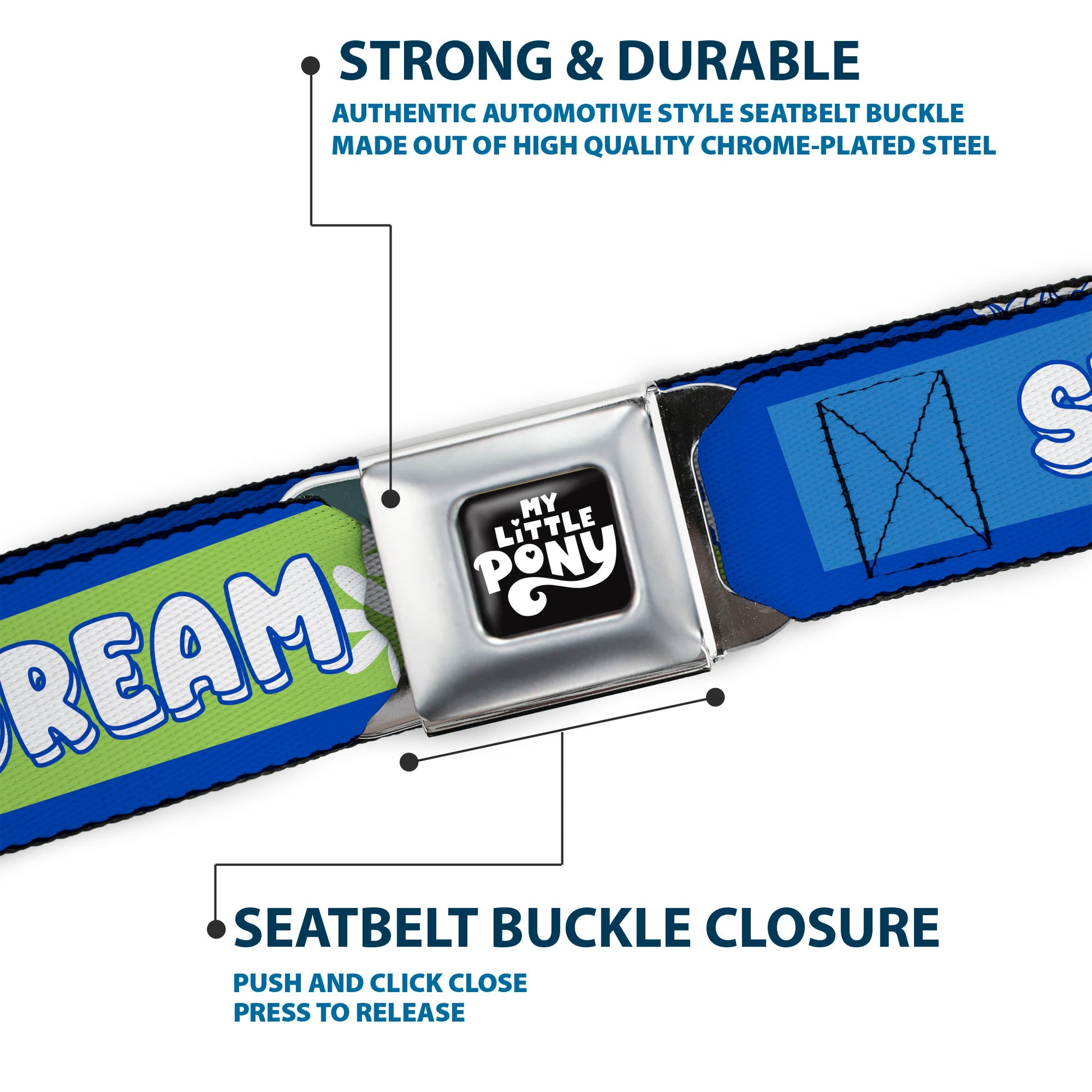 MY LITTLE PONY Title Logo Full Color Black/Purple/White Seatbelt Belt - MY LITTLE PONY Three Ponies Trait Text Blocks Blue/Multi Color Webbing Seatbelt Belts My Little Pony