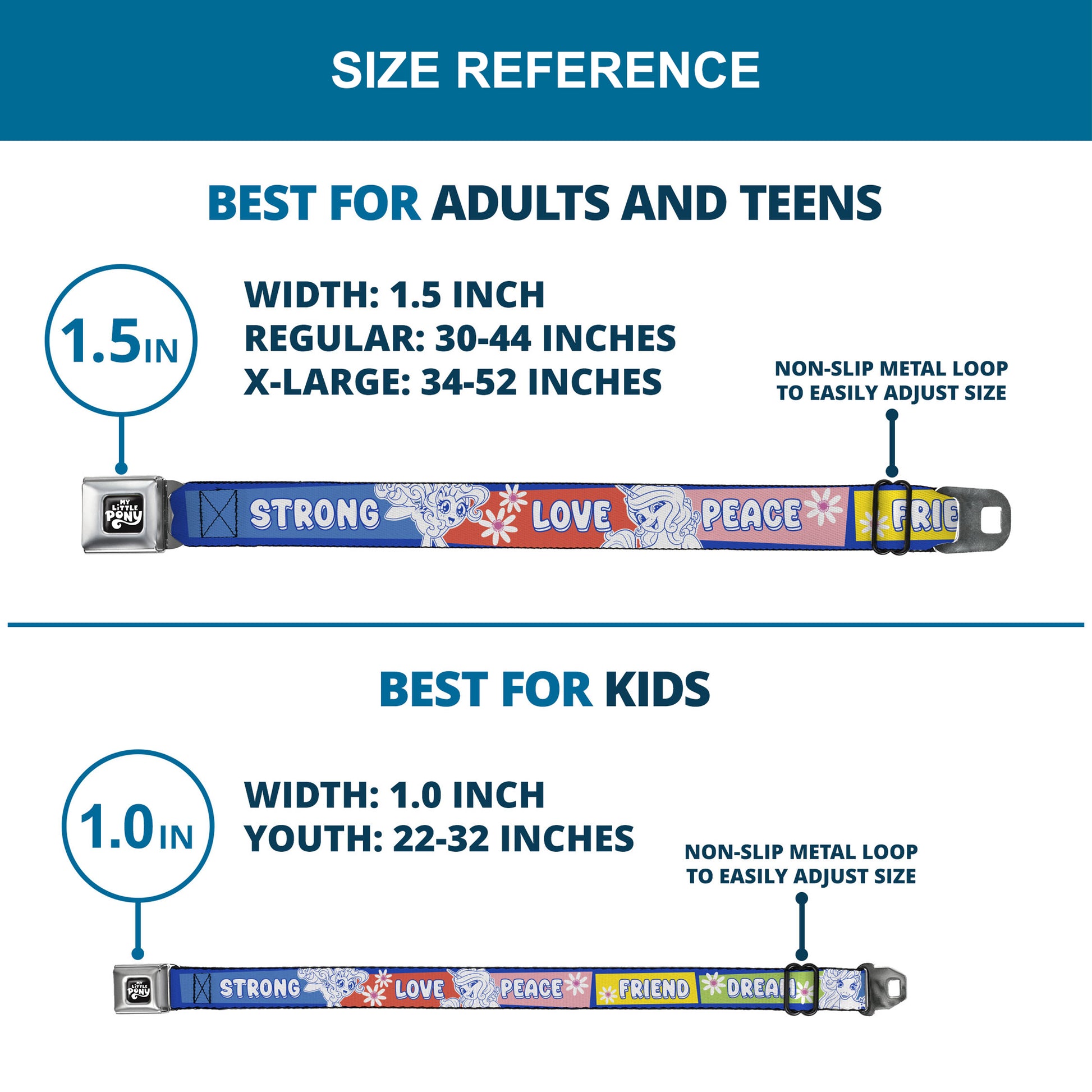 MY LITTLE PONY Title Logo Full Color Black/Purple/White Seatbelt Belt - MY LITTLE PONY Three Ponies Trait Text Blocks Blue/Multi Color Webbing Seatbelt Belts My Little Pony