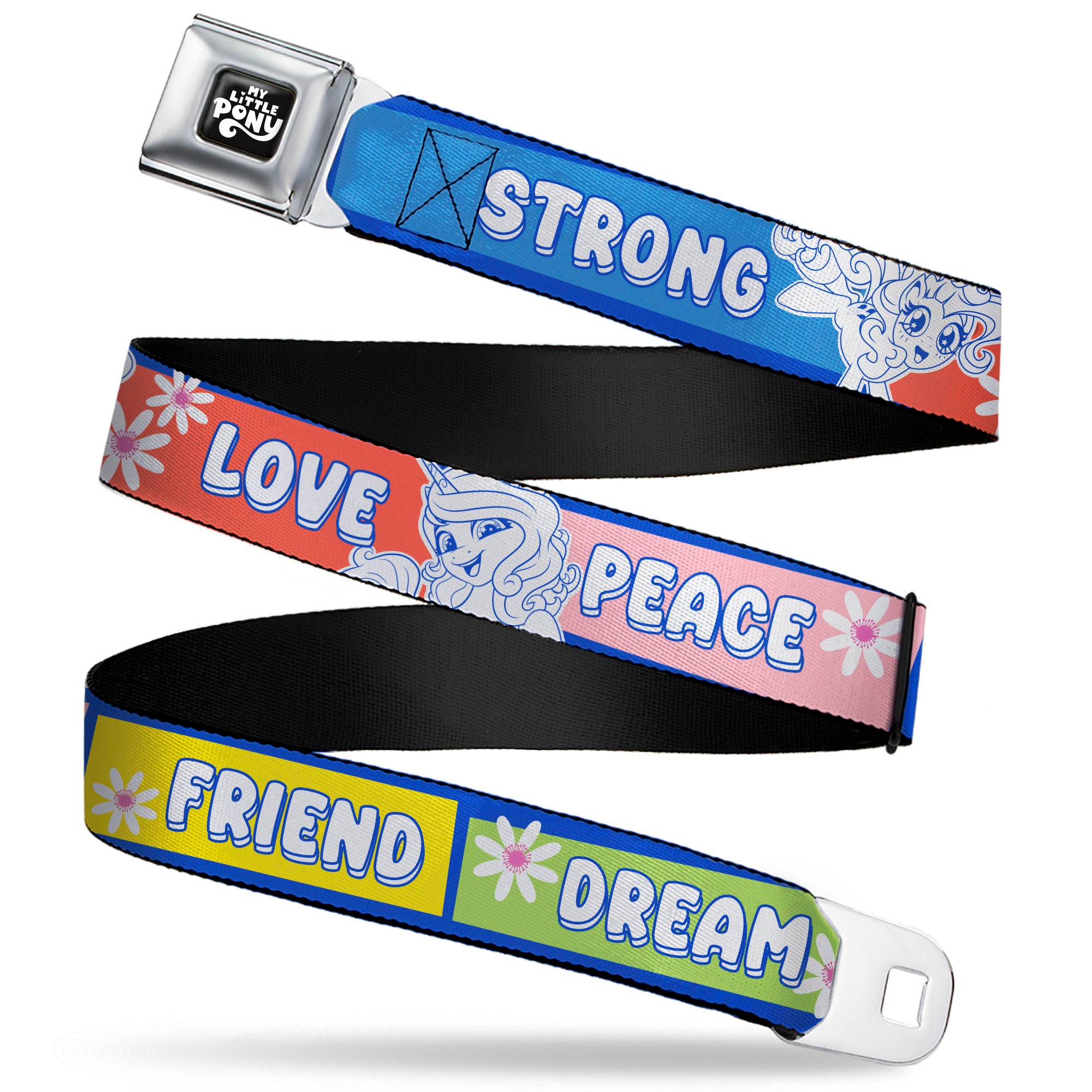 MY LITTLE PONY Title Logo Full Color Black/Purple/White Seatbelt Belt - MY LITTLE PONY Three Ponies Trait Text Blocks Blue/Multi Color Webbing Seatbelt Belts My Little Pony