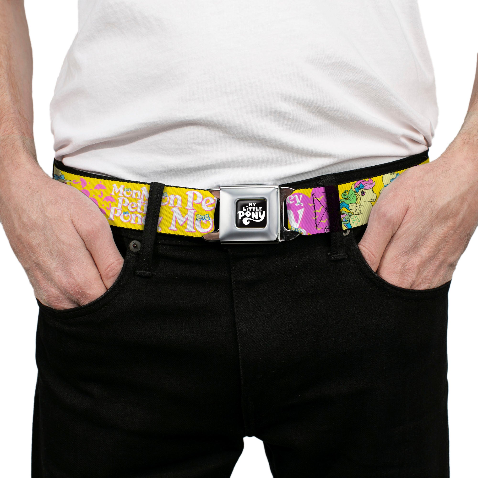 MY LITTLE PONY Title Logo Full Color Black/Purple/White Seatbelt Belt - MON PETIT PONEY Two Ponies and Cutie Marks Collage Yellow/Pink Webbing Seatbelt Belts My Little Pony