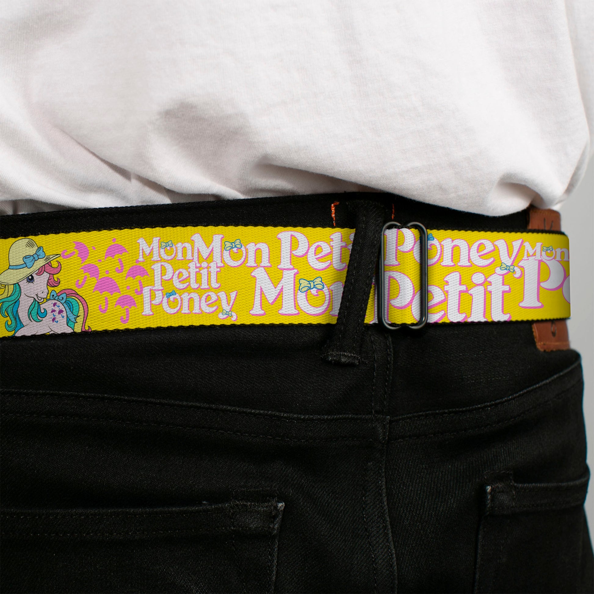 MY LITTLE PONY Title Logo Full Color Black/Purple/White Seatbelt Belt - MON PETIT PONEY Two Ponies and Cutie Marks Collage Yellow/Pink Webbing Seatbelt Belts My Little Pony