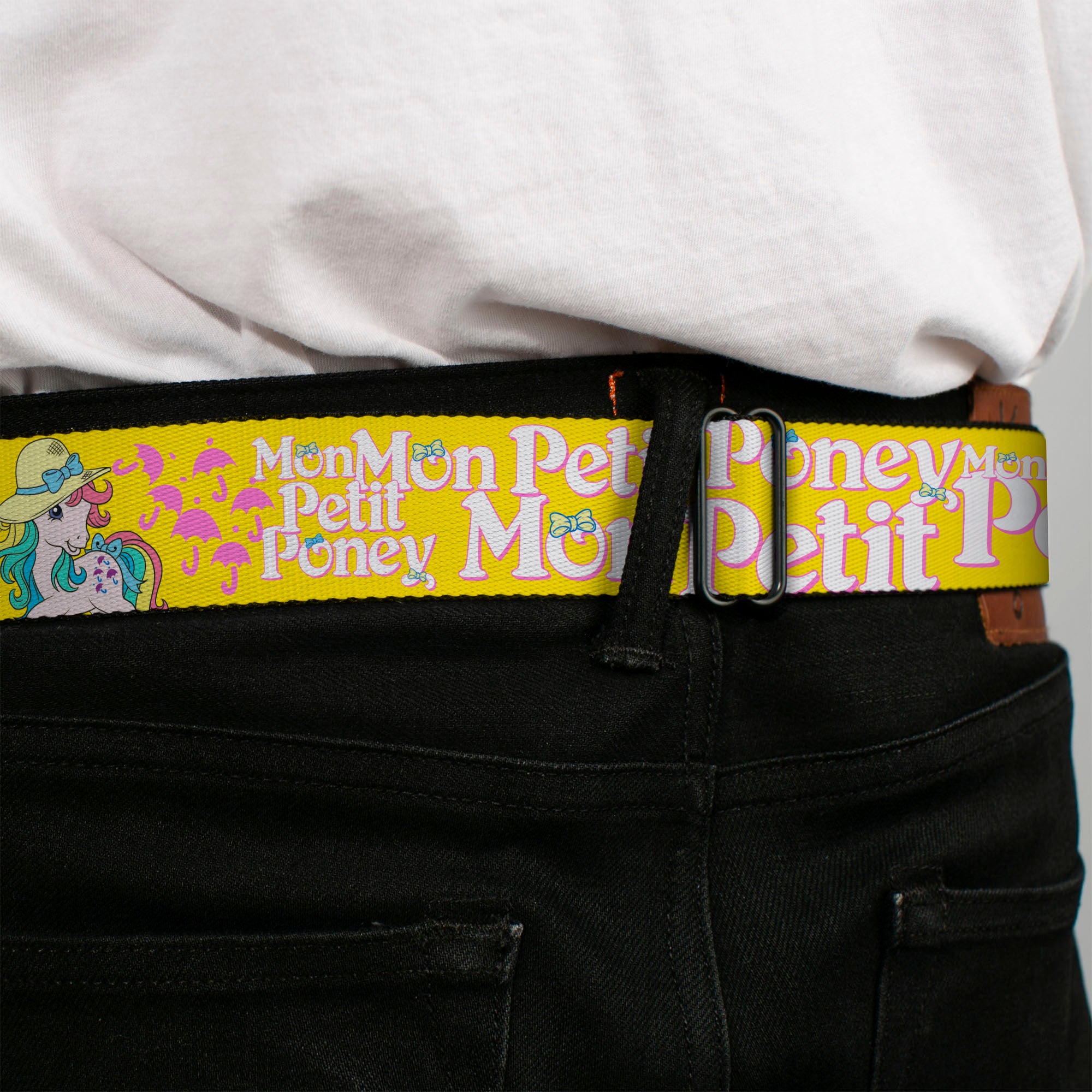 MY LITTLE PONY Title Logo Full Color Black/Purple/White Seatbelt Belt - MON PETIT PONEY Two Ponies and Cutie Marks Collage Yellow/Pink Webbing Seatbelt Belts My Little Pony