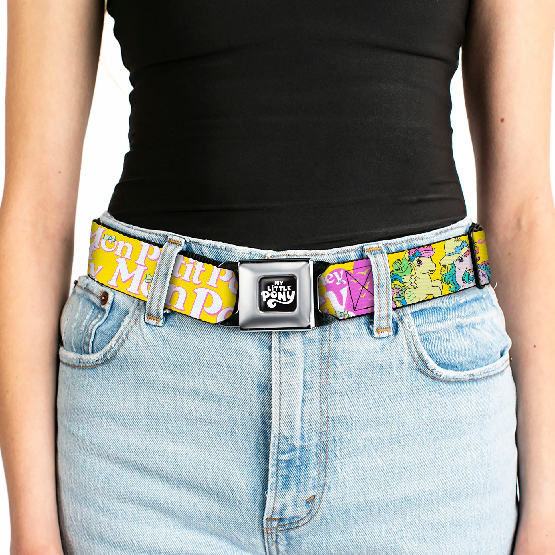 MY LITTLE PONY Title Logo Full Color Black/Purple/White Seatbelt Belt - MON PETIT PONEY Two Ponies and Cutie Marks Collage Yellow/Pink Webbing Seatbelt Belts My Little Pony