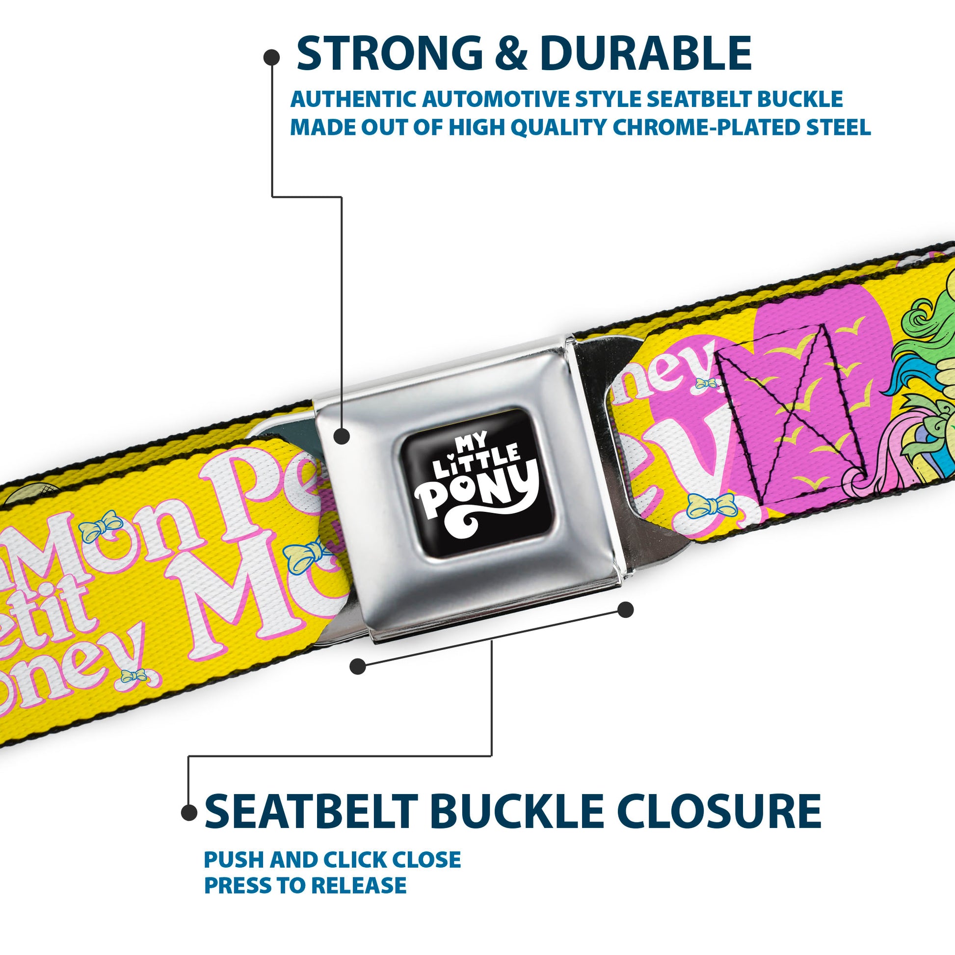 MY LITTLE PONY Title Logo Full Color Black/Purple/White Seatbelt Belt - MON PETIT PONEY Two Ponies and Cutie Marks Collage Yellow/Pink Webbing Seatbelt Belts My Little Pony