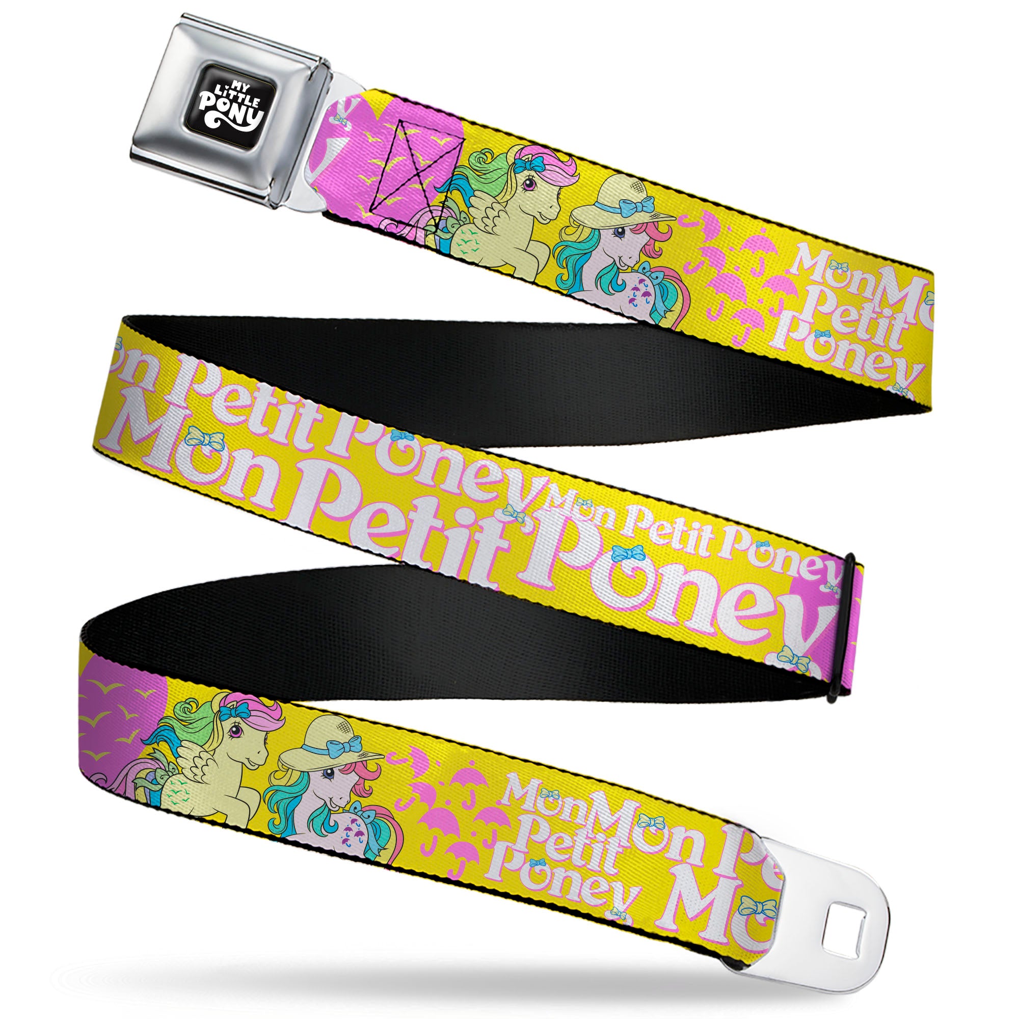 MY LITTLE PONY Title Logo Full Color Black/Purple/White Seatbelt Belt - MON PETIT PONEY Two Ponies and Cutie Marks Collage Yellow/Pink Webbing Seatbelt Belts My Little Pony