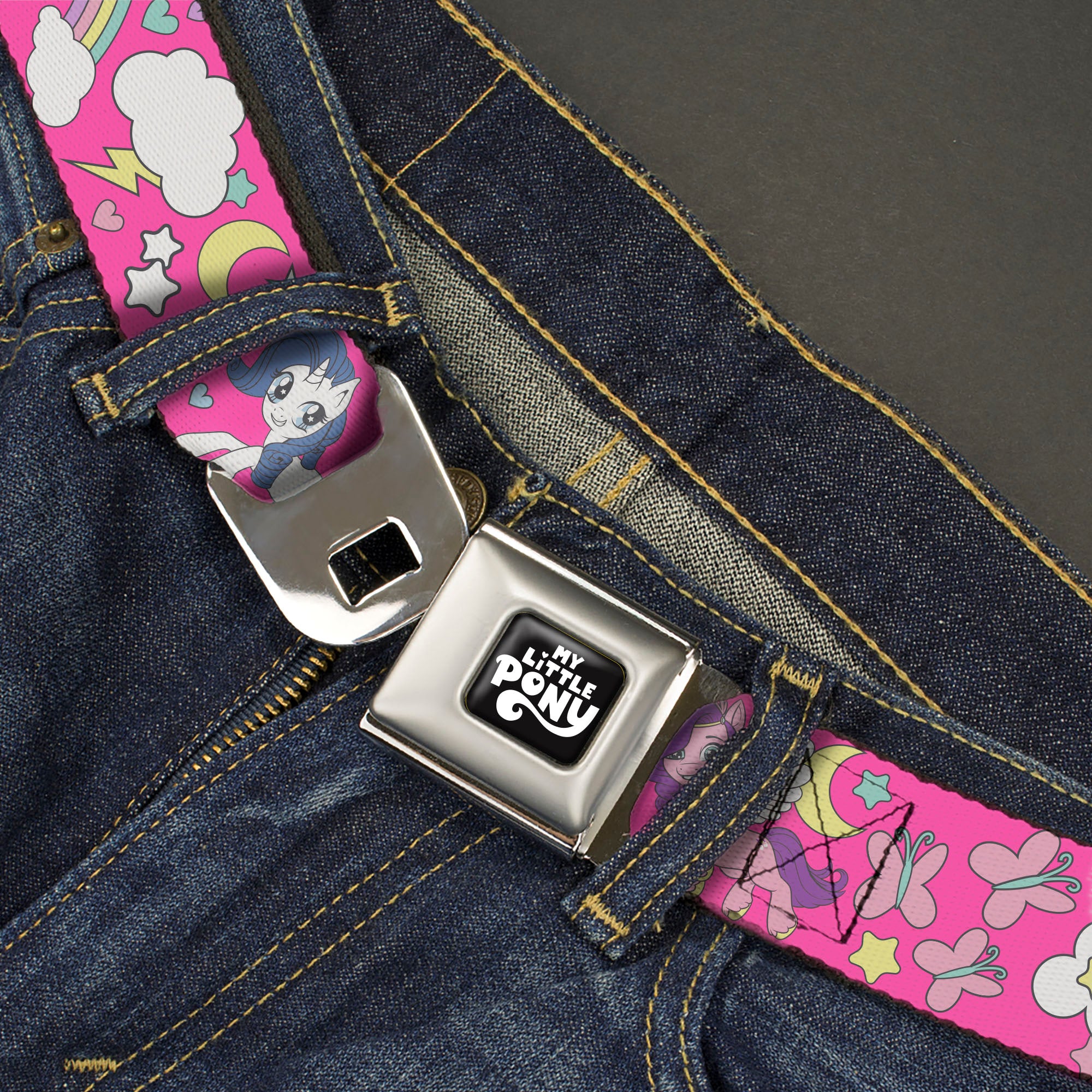 MY LITTLE PONY Title Logo Full Color Black/Purple/White Seatbelt Belt - My Little Pony Four Ponies and Cutie Marks Collage Pink/Multi Color Webbing Seatbelt Belts My Little Pony