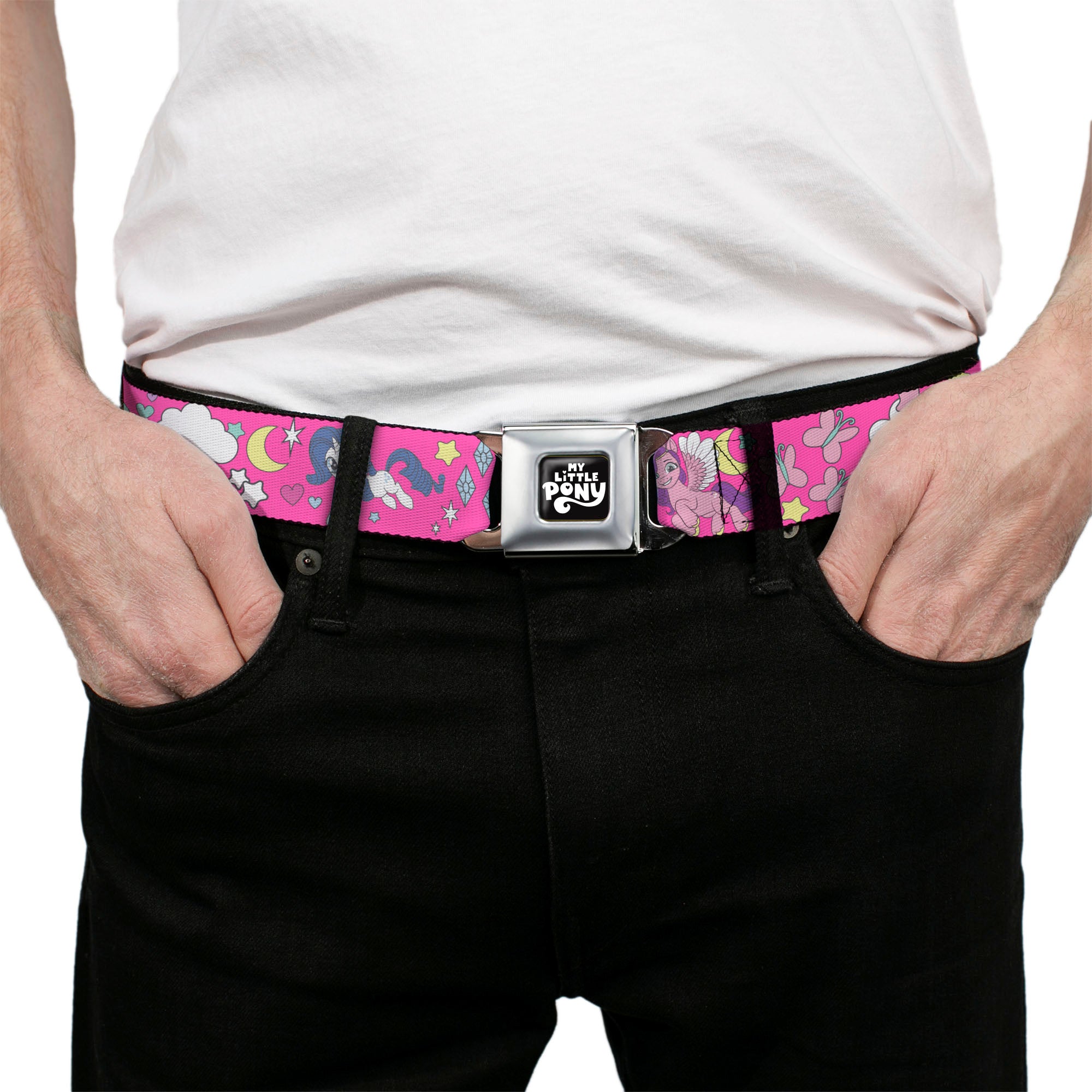 MY LITTLE PONY Title Logo Full Color Black/Purple/White Seatbelt Belt - My Little Pony Four Ponies and Cutie Marks Collage Pink/Multi Color Webbing Seatbelt Belts My Little Pony