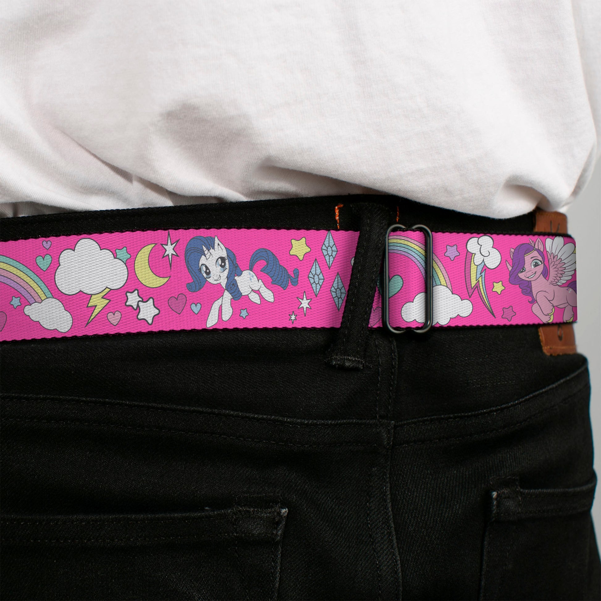MY LITTLE PONY Title Logo Full Color Black/Purple/White Seatbelt Belt - My Little Pony Four Ponies and Cutie Marks Collage Pink/Multi Color Webbing Seatbelt Belts My Little Pony