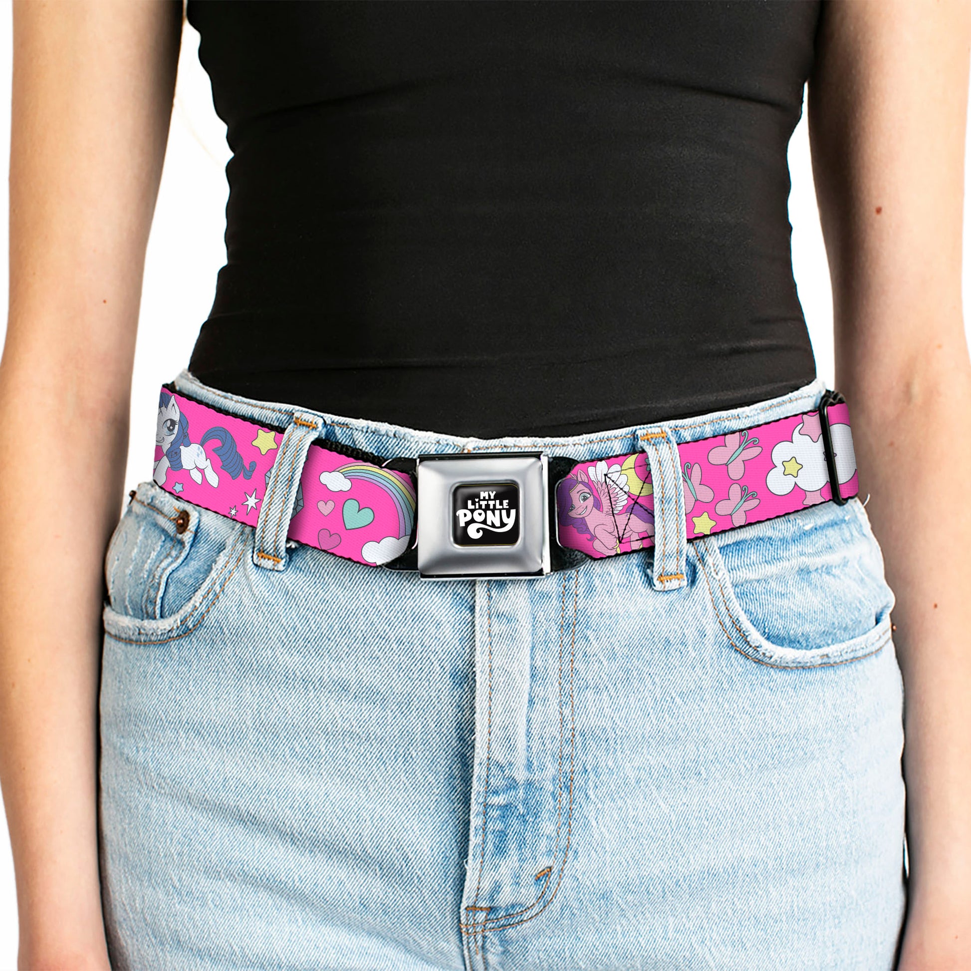 MY LITTLE PONY Title Logo Full Color Black/Purple/White Seatbelt Belt - My Little Pony Four Ponies and Cutie Marks Collage Pink/Multi Color Webbing Seatbelt Belts My Little Pony
